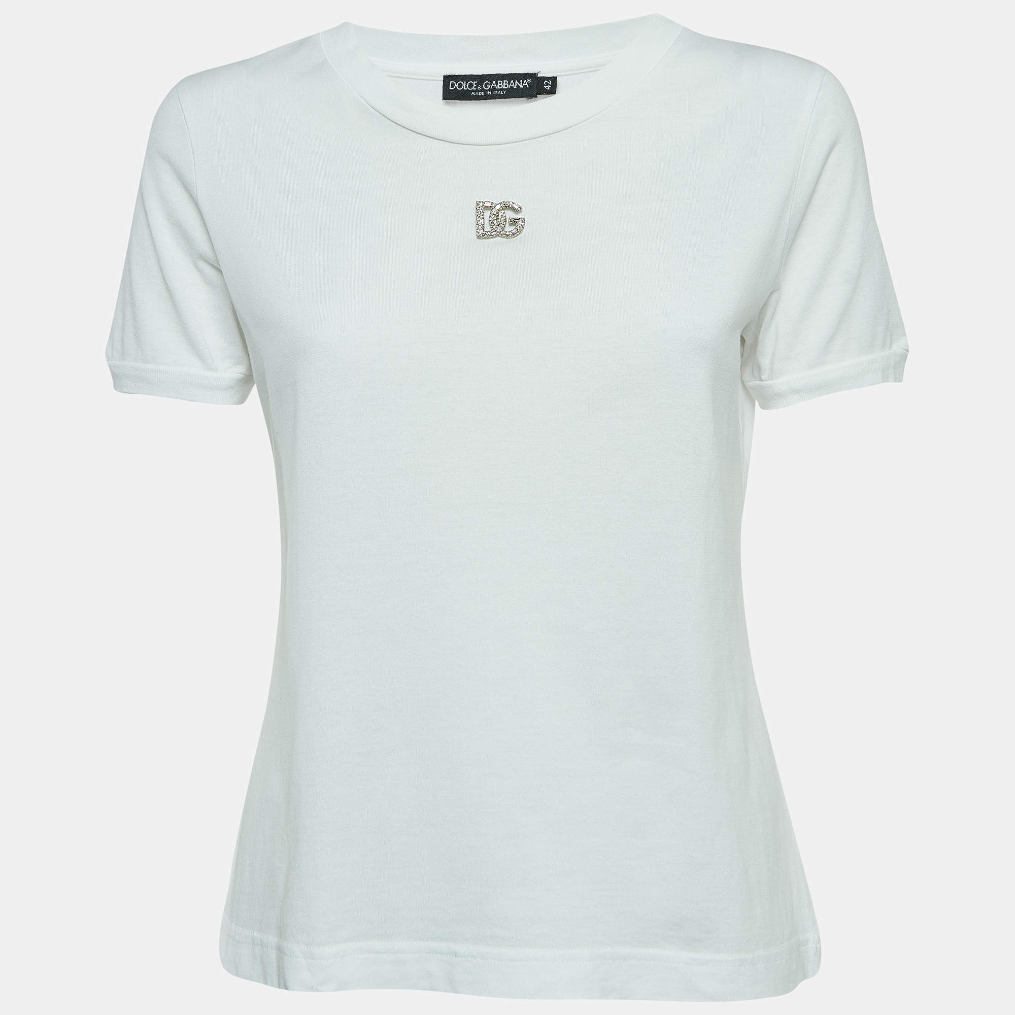 Pre Owned Dolce & Gabbana White Cotton Crystal Embellished Logo T-Shirt M