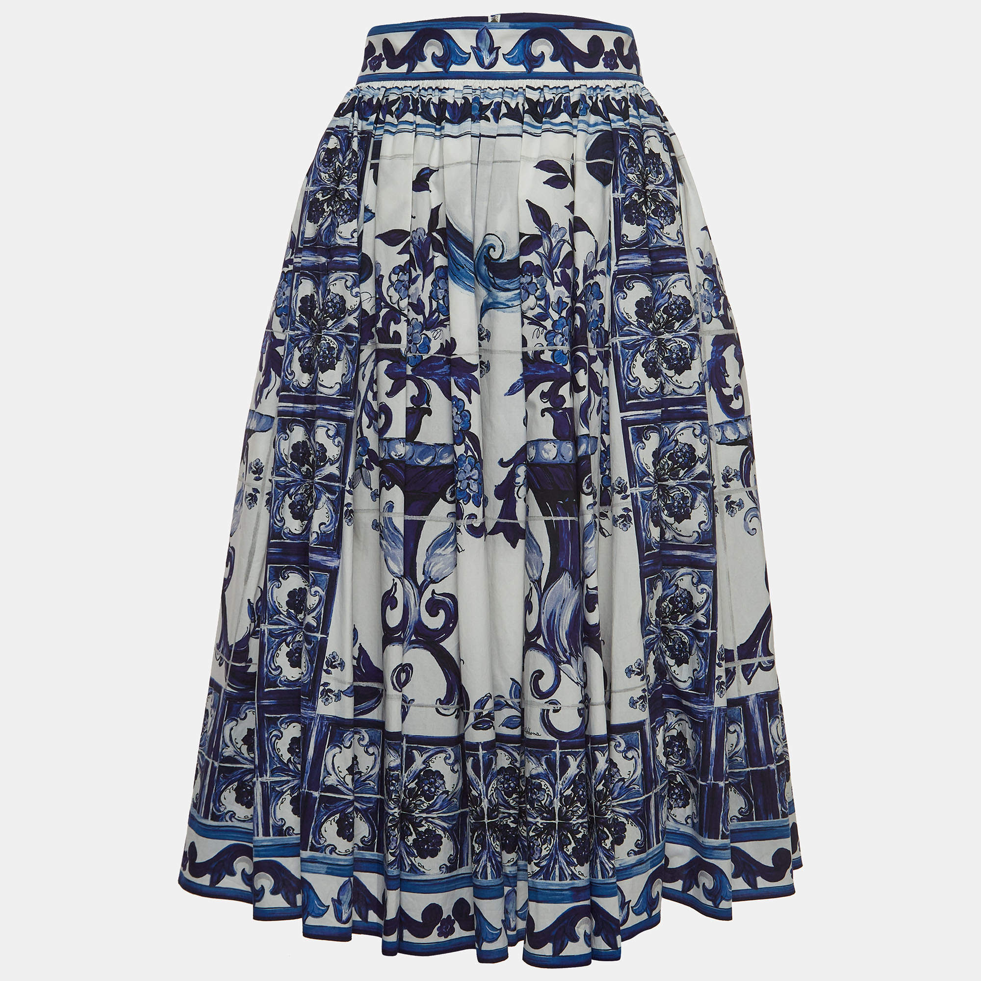 Pre Owned Dolce & Gabbana White/Blue Majolica Print Cotton Poplin Midi Skirt M