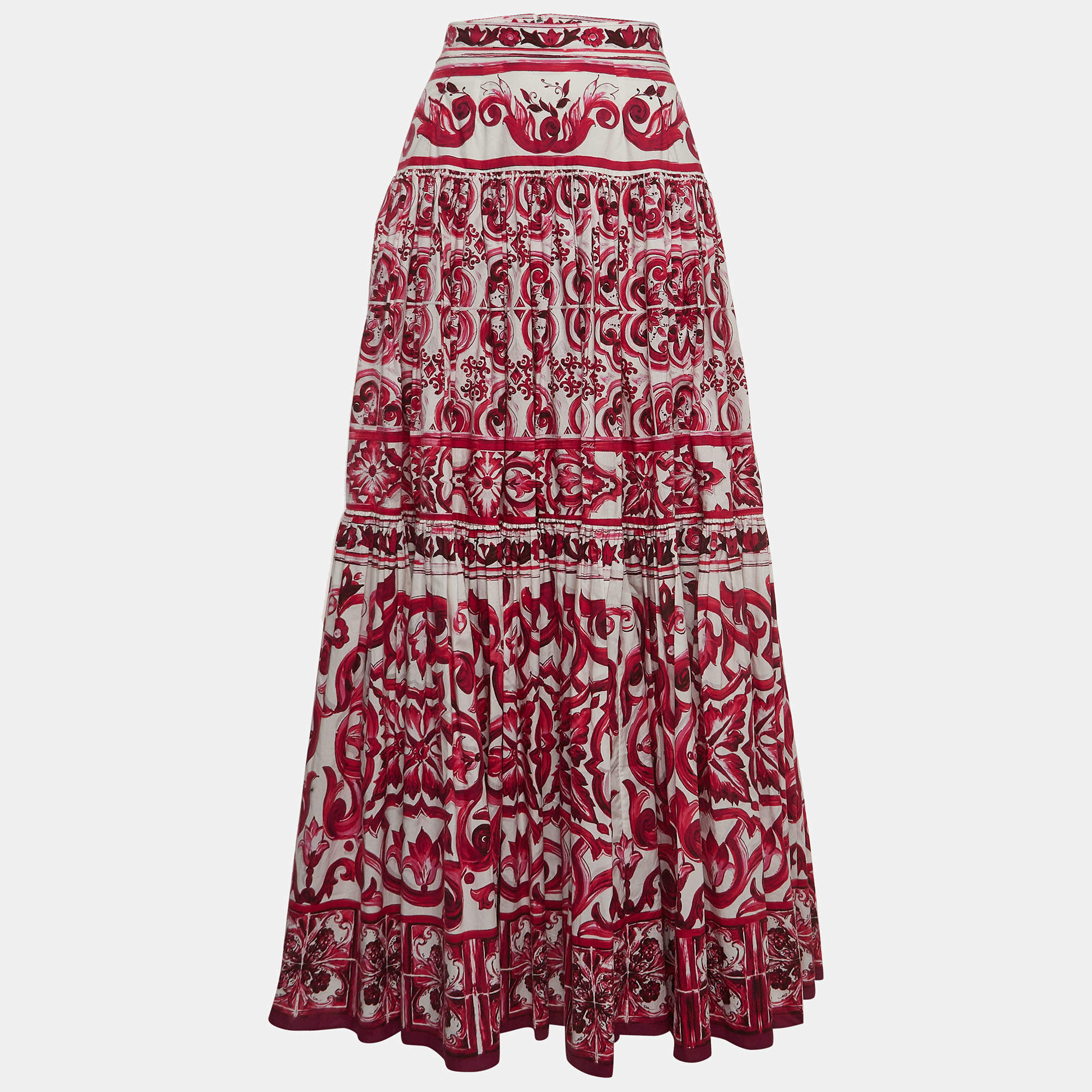 Pre Owned Dolce & Gabbana White/Pink Majolica Print Cotton Poplin Maxi Skirt M
