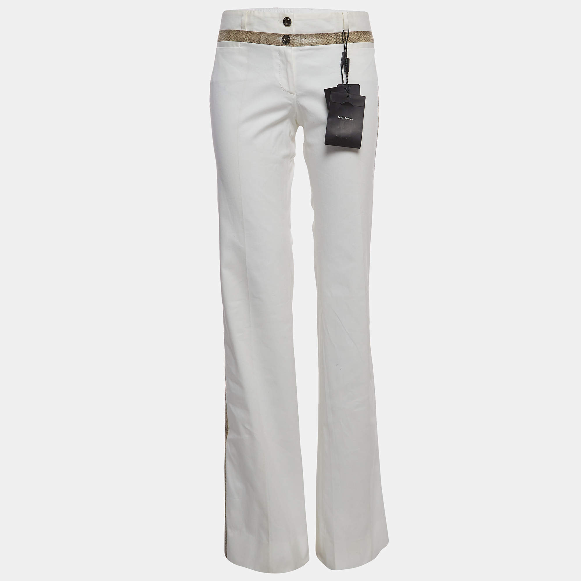 Pre Owned Dolce & Gabbana White Cotton Water Snake Trim Jeans M Waist 32''