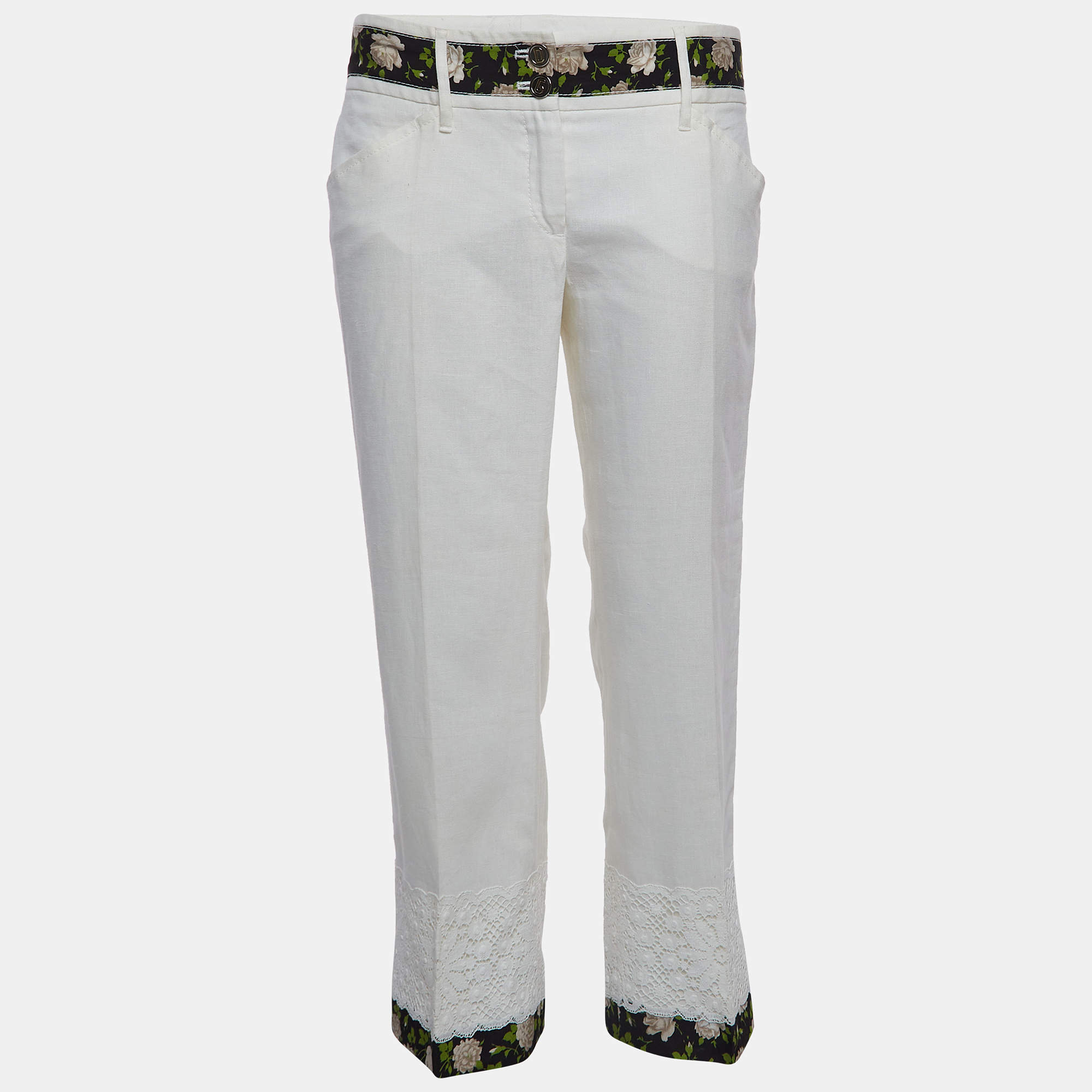 Pre Owned Dolce & Gabbana Off-White Linen Blend Trousers M