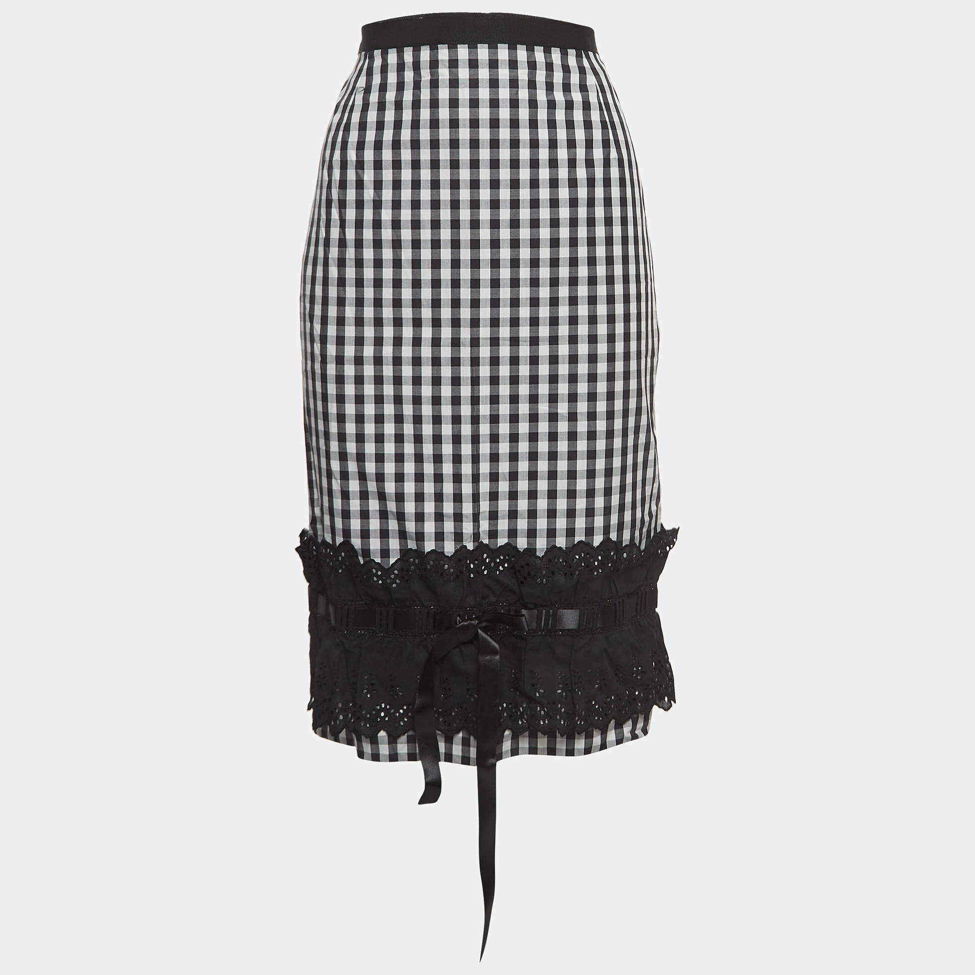 Pre Owned Dolce & Gabbana Black Checked Cotton Midi Skirt M