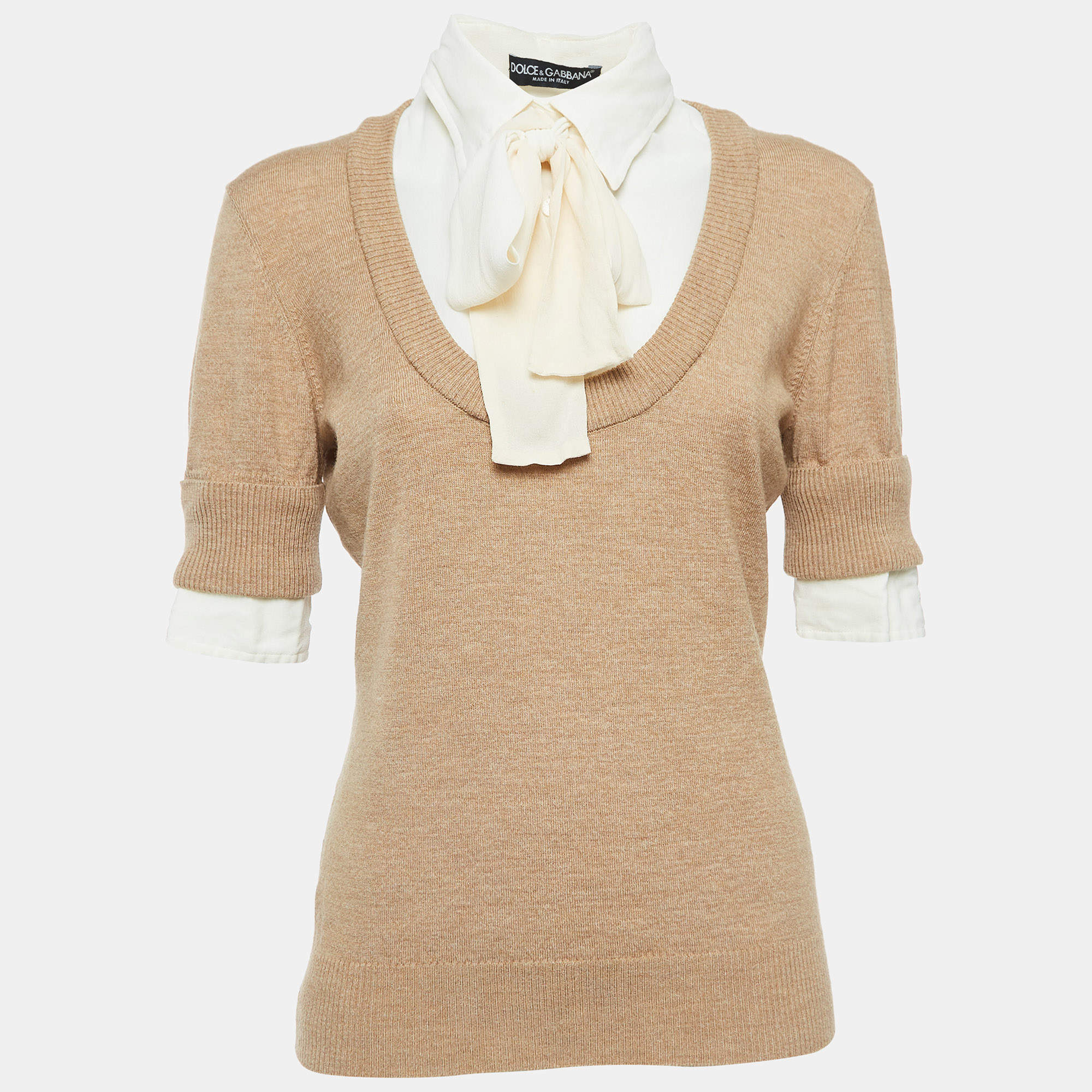 Pre Owned Dolce & Gabbana Beige Silk and Wool Knit Layered Top L