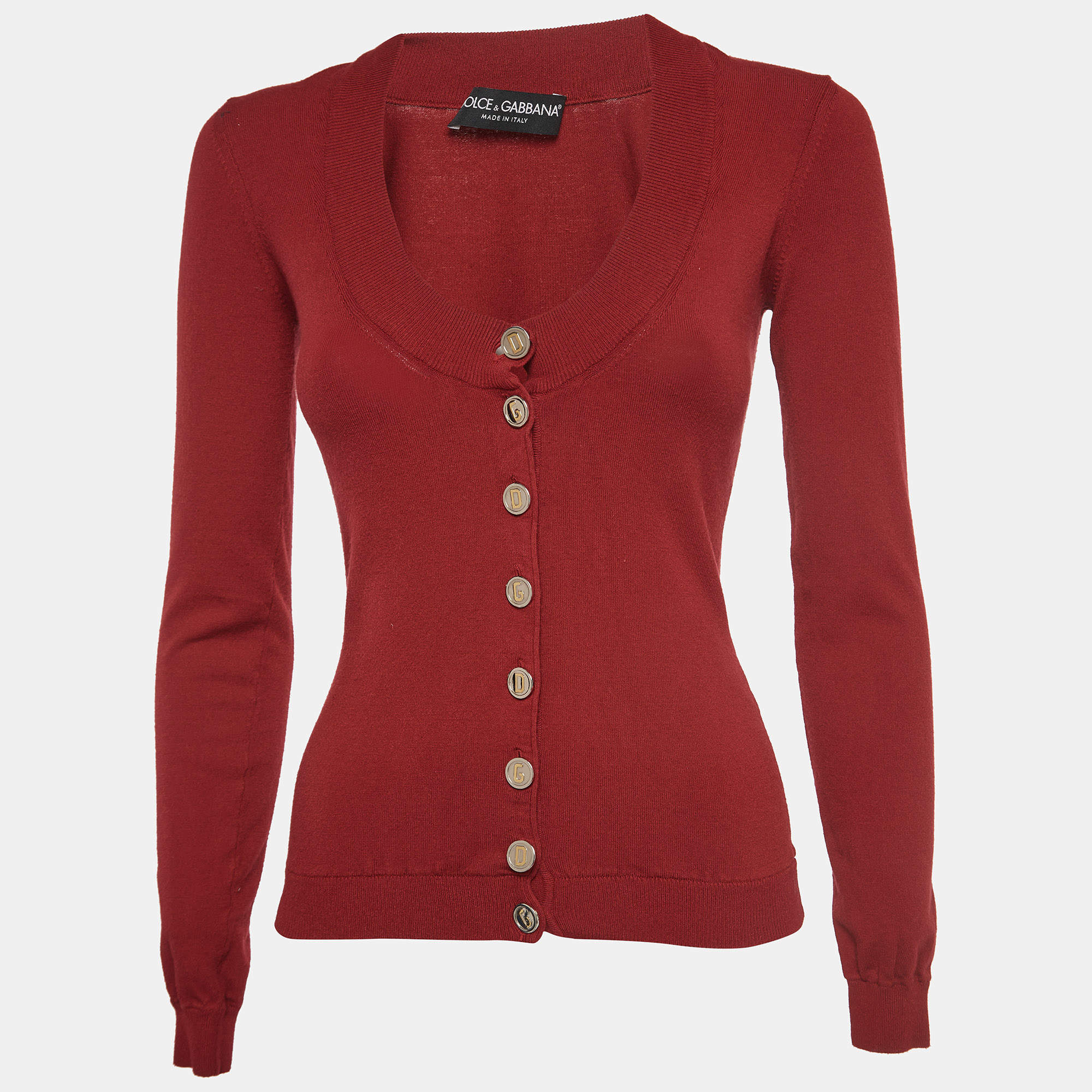 مملوكة مسبقًا Dolce & Gabbana Red Knit DG Detail Buttoned Cardigan M