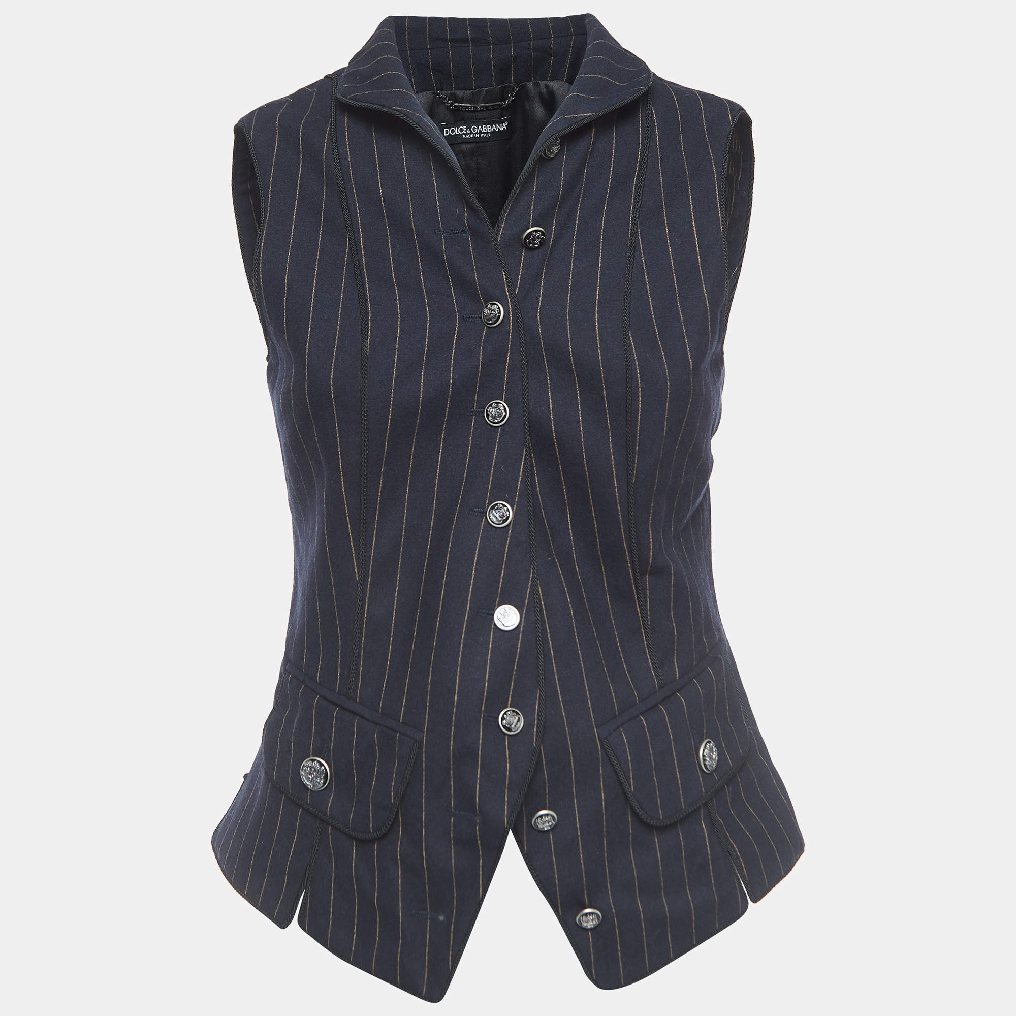 Pre Owned Dolce & Gabbana Navy Blue Striped Wool Buttoned Vest M