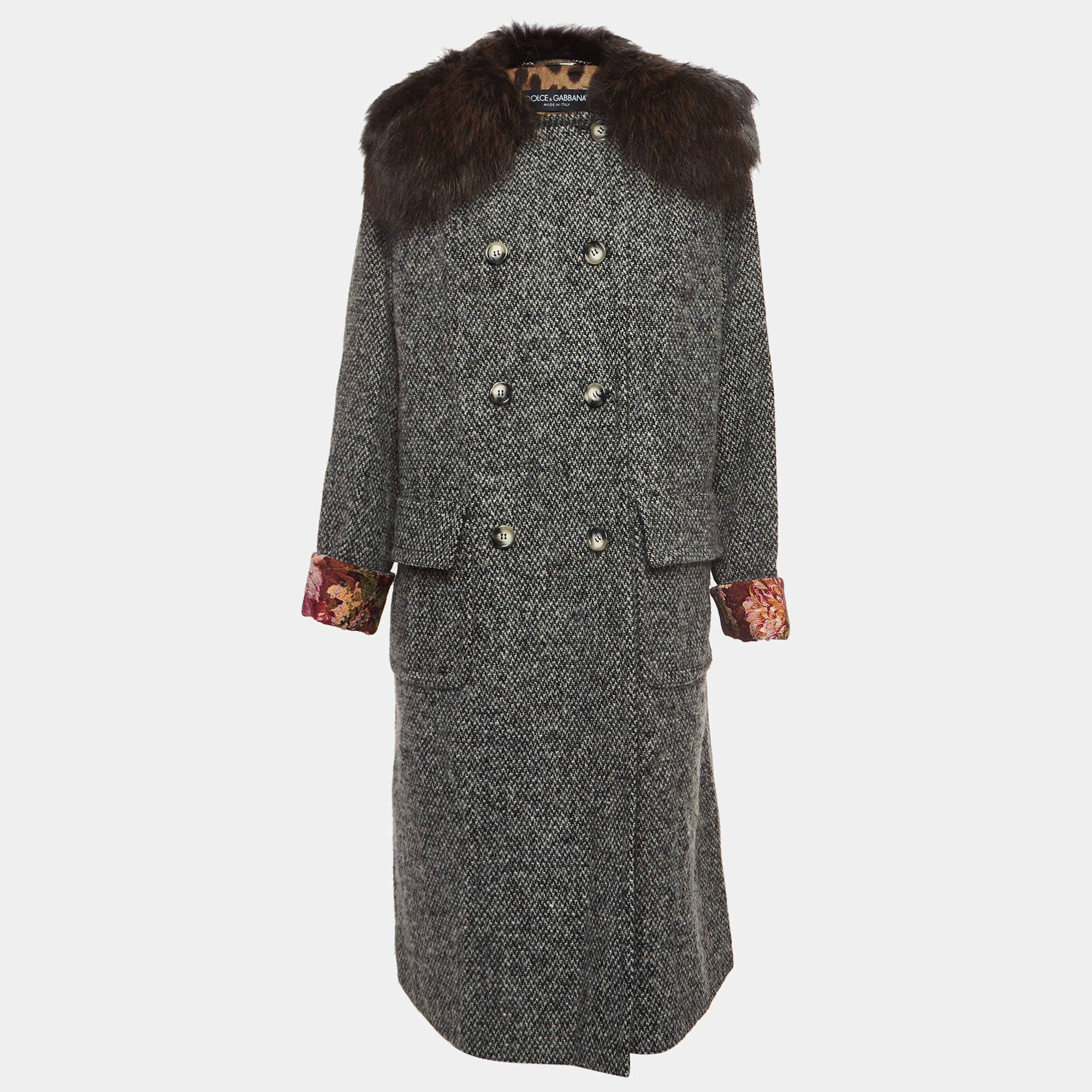 Dolce & Gabbana Grey Wool Blend and Fur Double Breasted Long Coat M