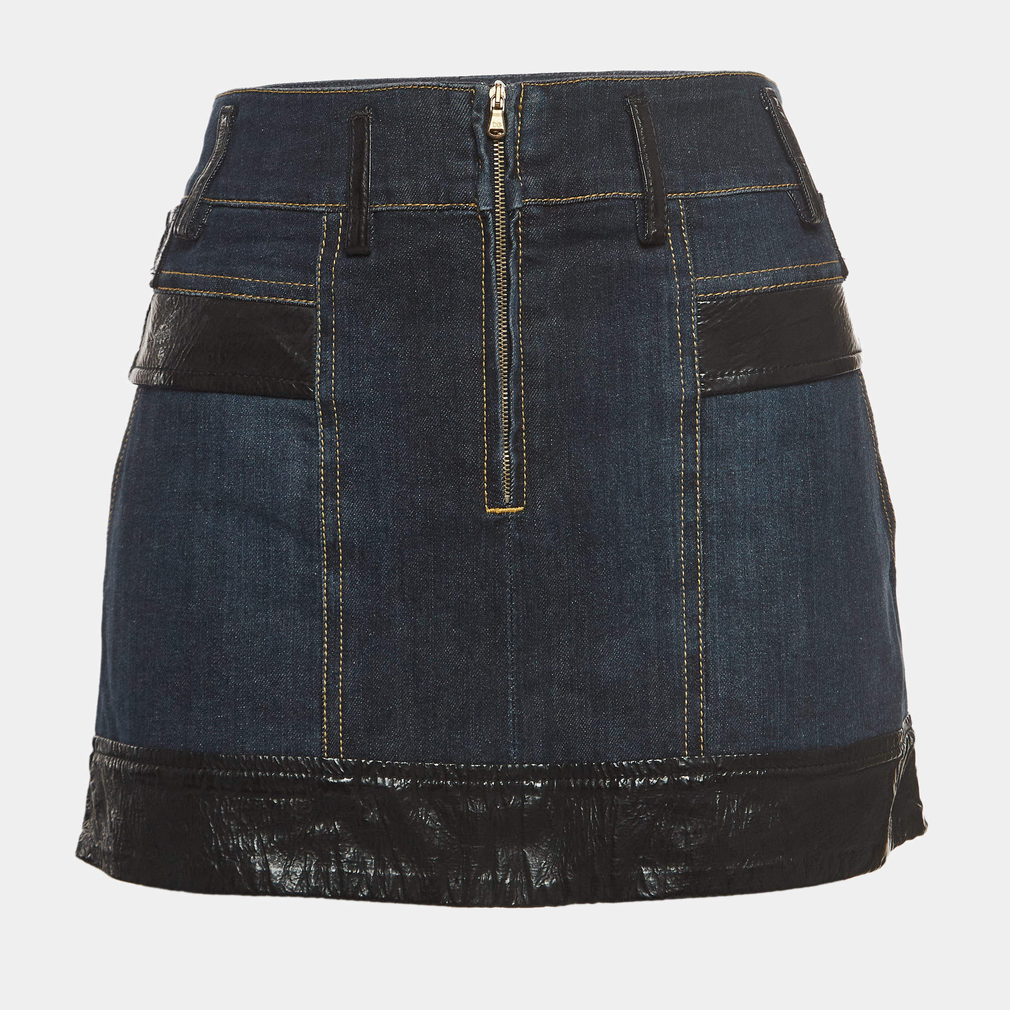 Pre Owned Dolce & Gabbana Blue Denim and Faux Leather Trim Detail Mini Skirt M