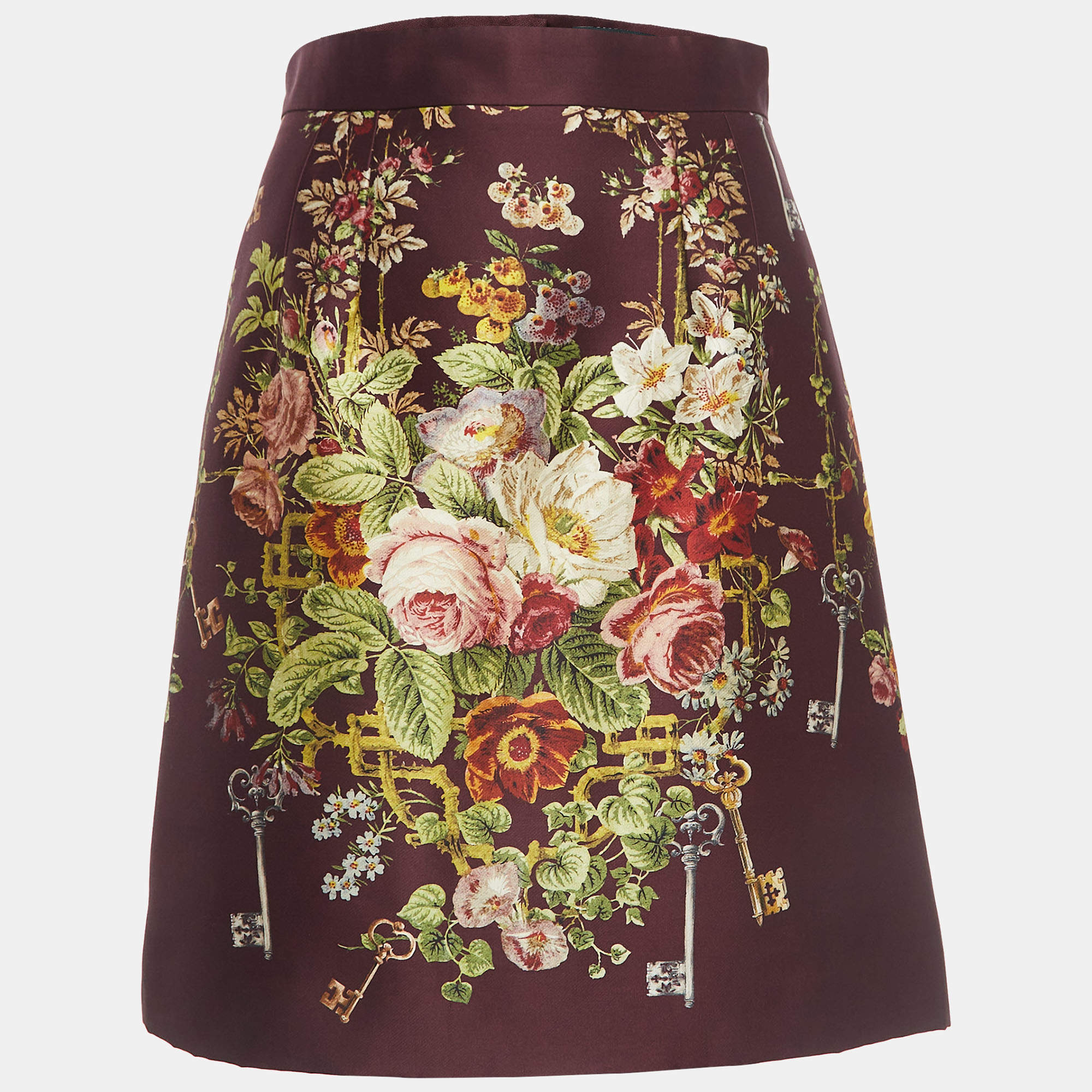 مملوكة مسبقًا Dolce & Gabbana Burgundy Floral Jacquard Silk and Wool Pleated Short Skirt M