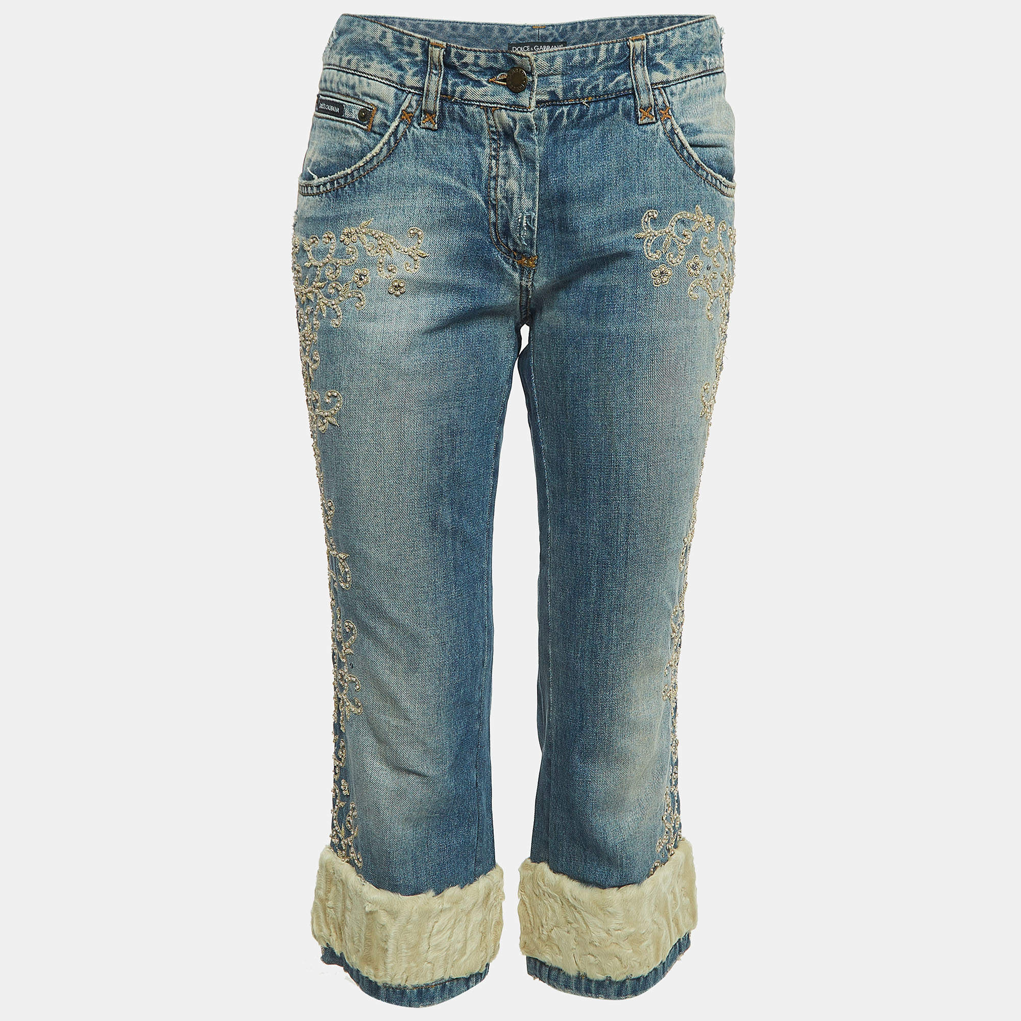 Pre Owned Dolce & Gabbana Blue Embroidered Shearling Trimmed Denim Cropped Jeans M Waist 34''