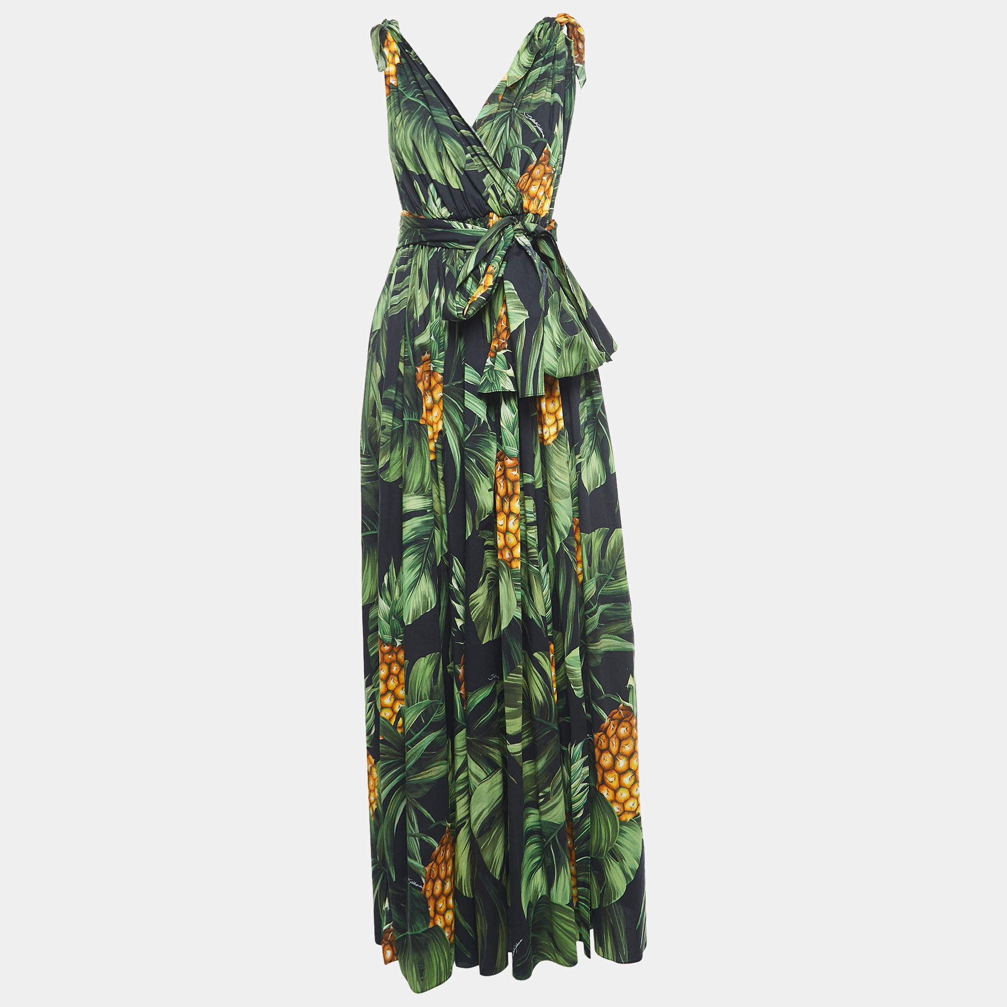 Pre Owned Dolce & Gabbana Green Tropical Print Cotton High Slit Maxi Dress M