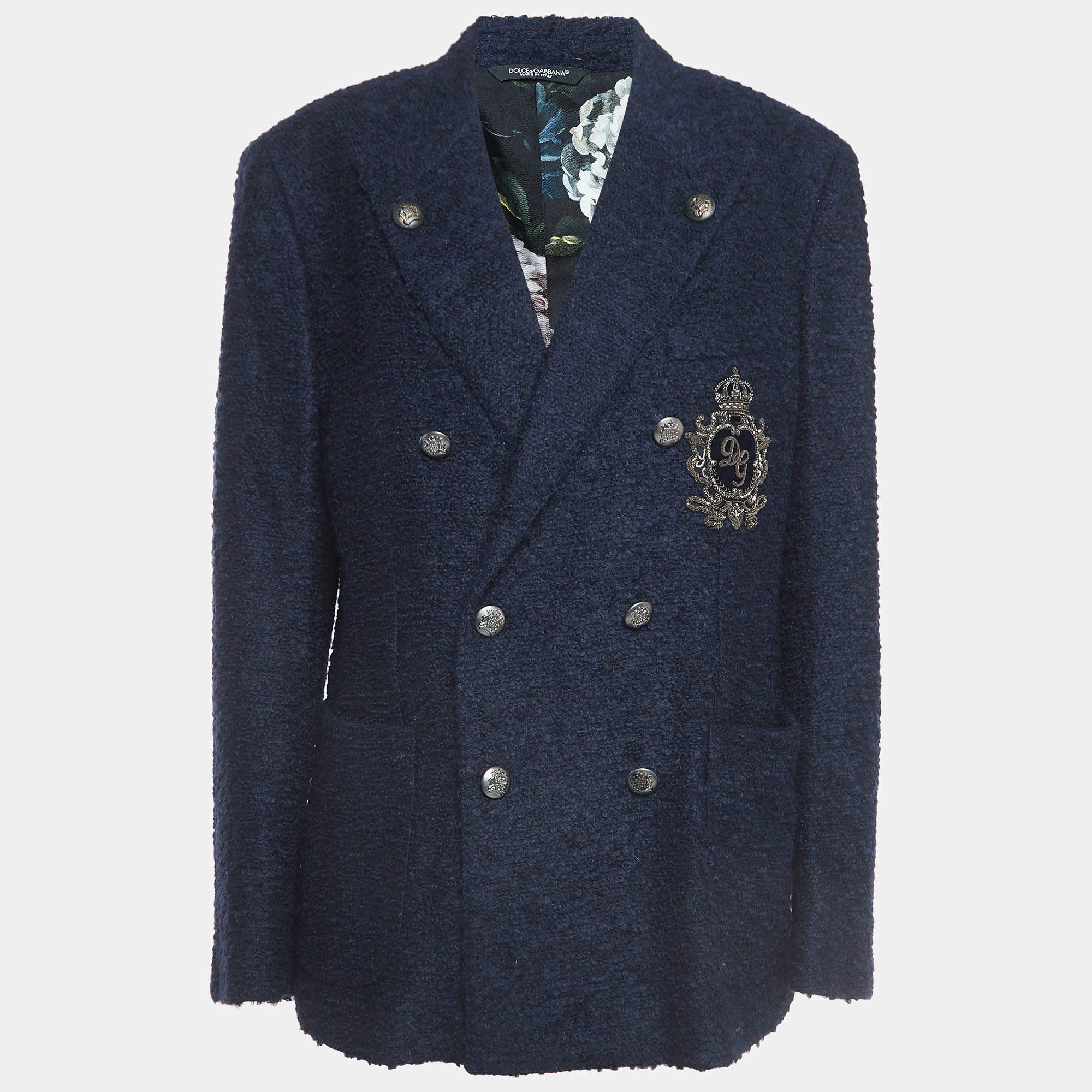 Pre Owned Dolce & Gabbana Navy Blue Logo Embroidered Tweed Double Breasted Coat M
