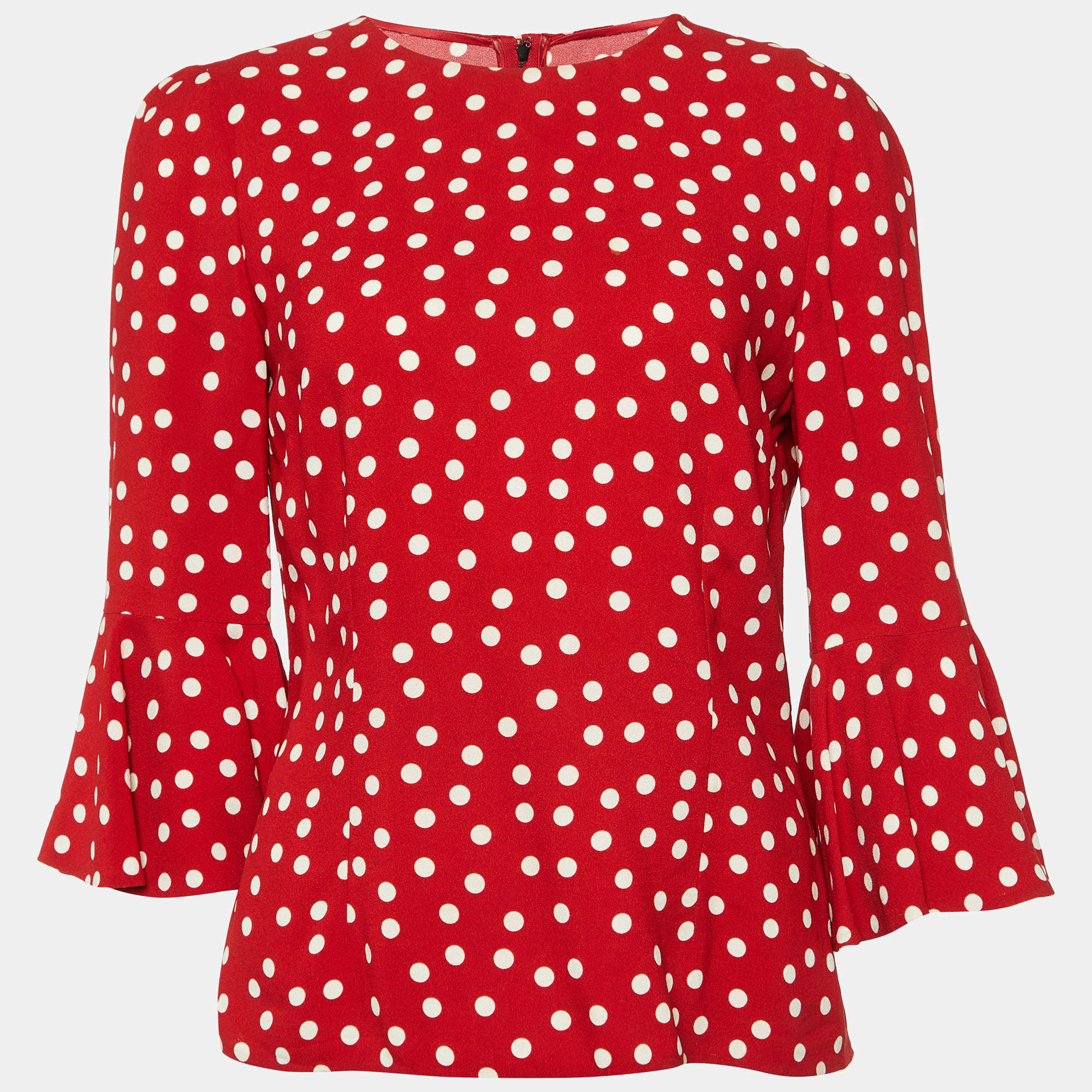 Pre Owned Dolce & Gabbana Red Polka Dotted Crepe Flounced Sleeve Blouse M