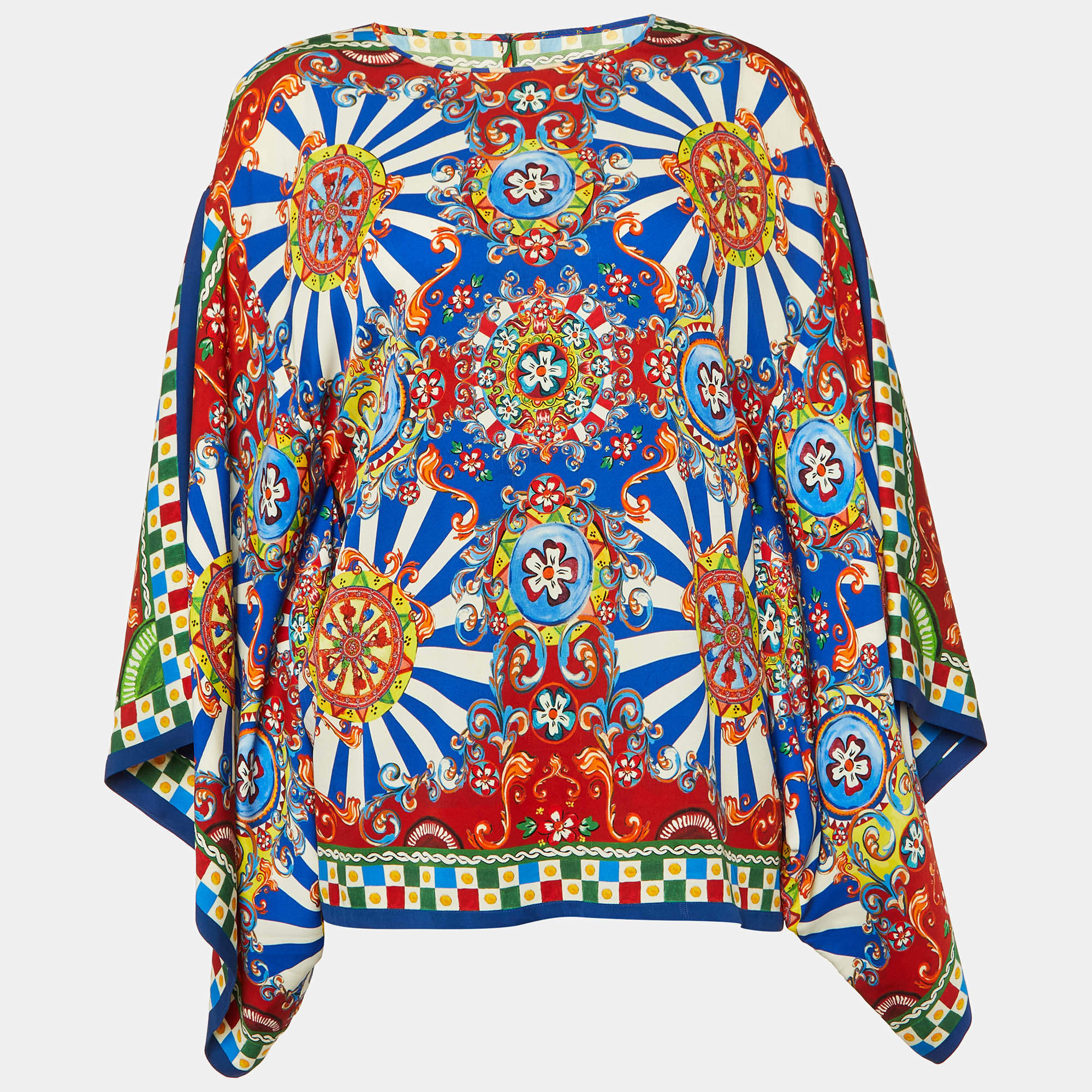 Pre Owned Dolce & Gabbana Multicolor Carretto Siciliano Print Silk Flared Sleeve Blouse M