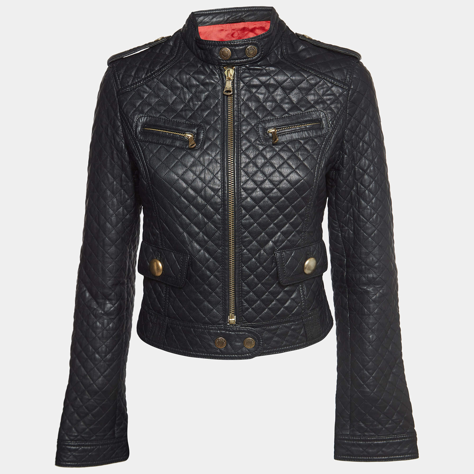 Pre Owned Dolce & Gabbana Black Leather Zipper Quilted  Jacket M