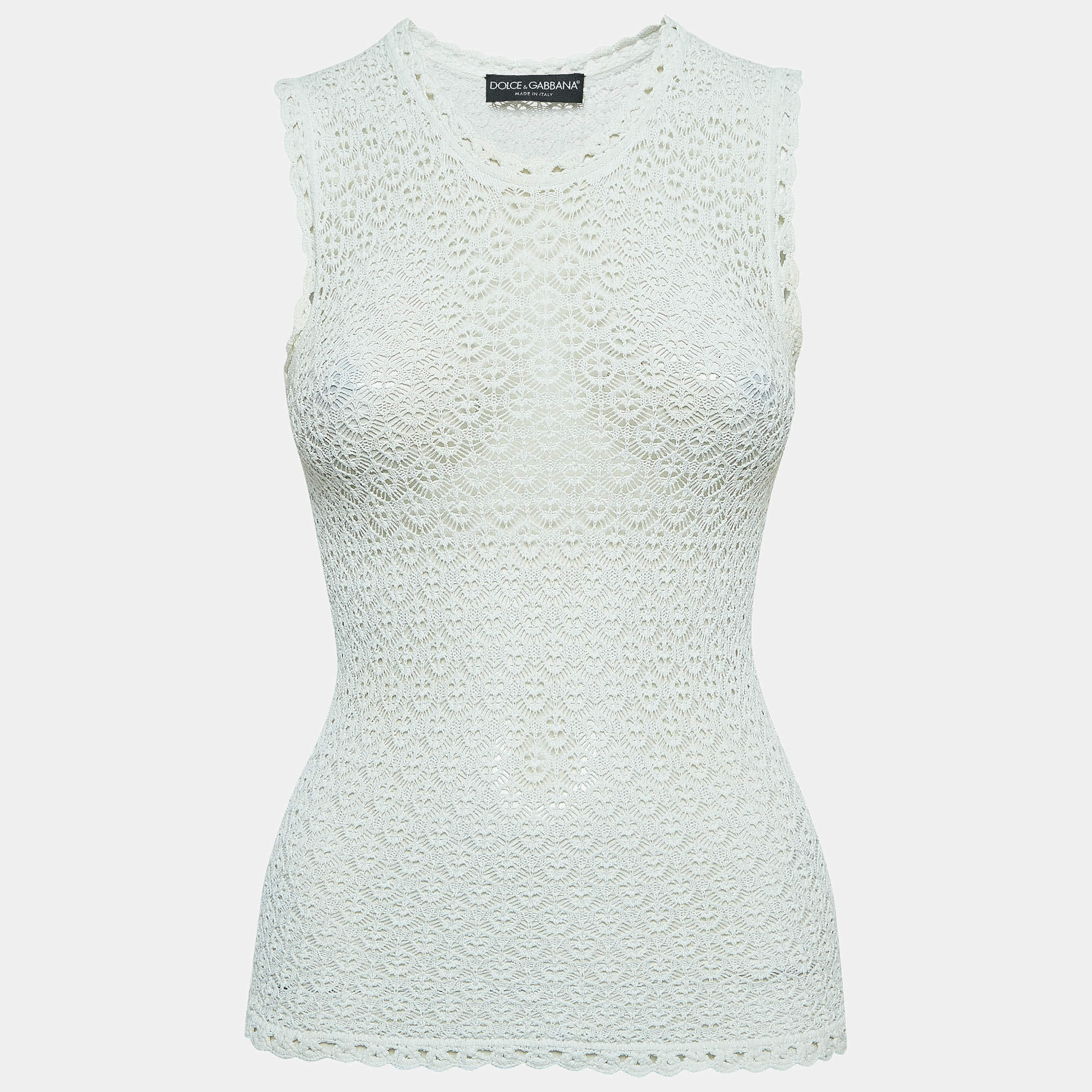 Pre Owned Dolce & Gabbana White Patterned Knit Sleeveless Top S