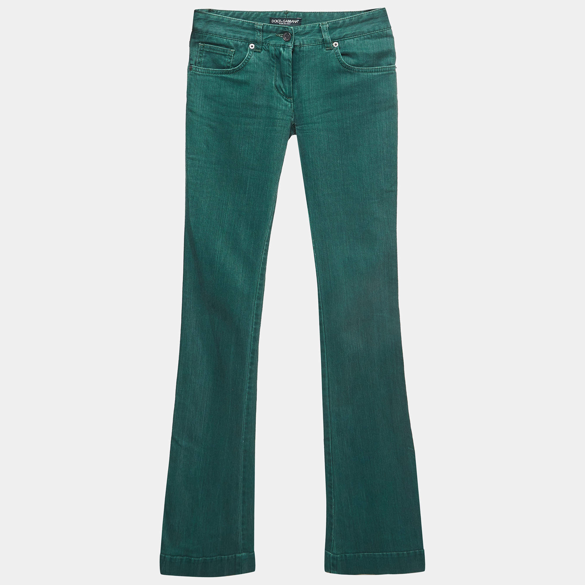 Pre Owned Dolce & Gabbana Green Slub Denim Flared Jeans S Waist 27'' 