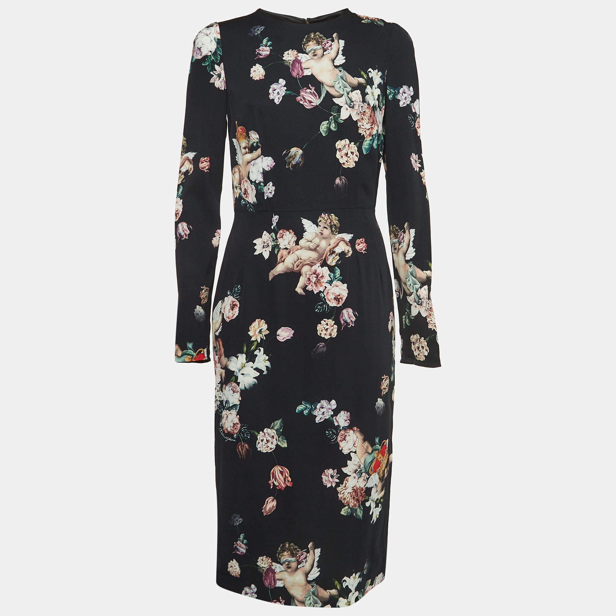Pre Owned Dolce & Gabbana Dark Blue Floral Print Crepe Fitted Midi Dress M