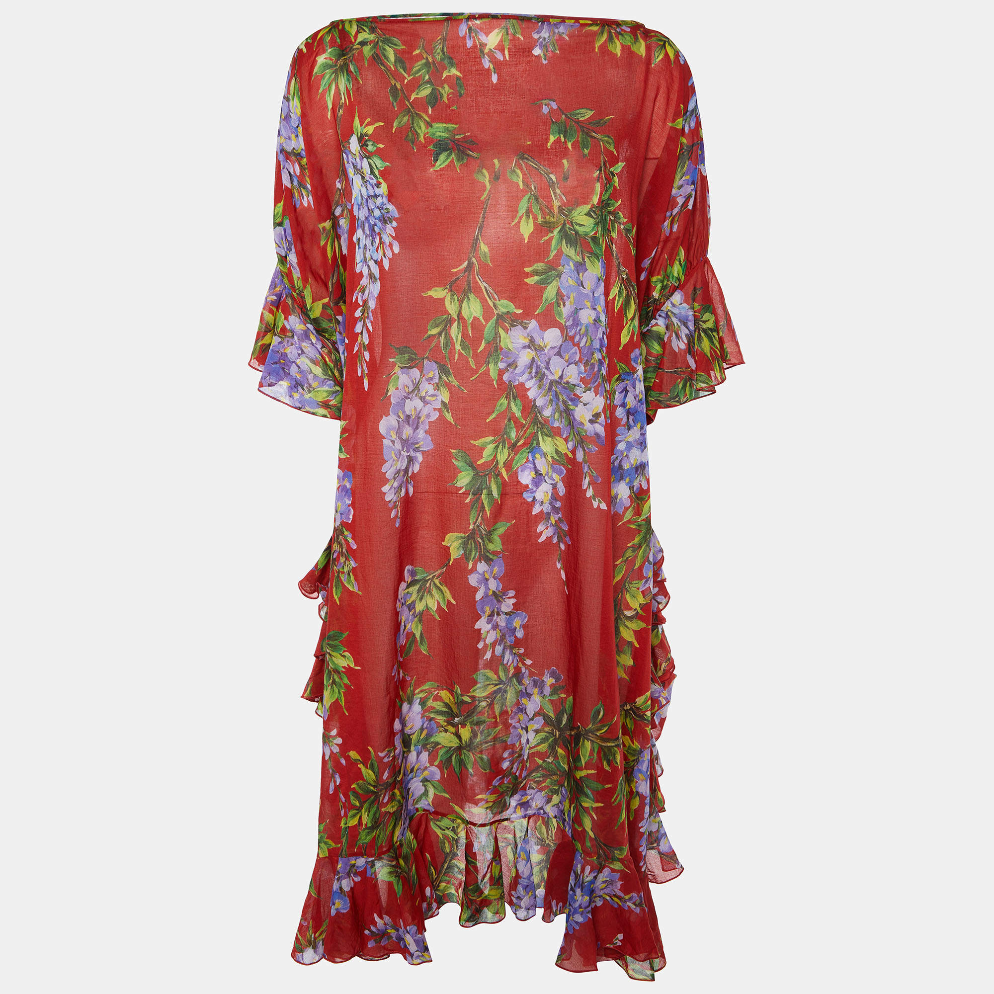 Pre Owned Dolce & Gabbana Red Floral Print Cotton Kaftan Cover Up M