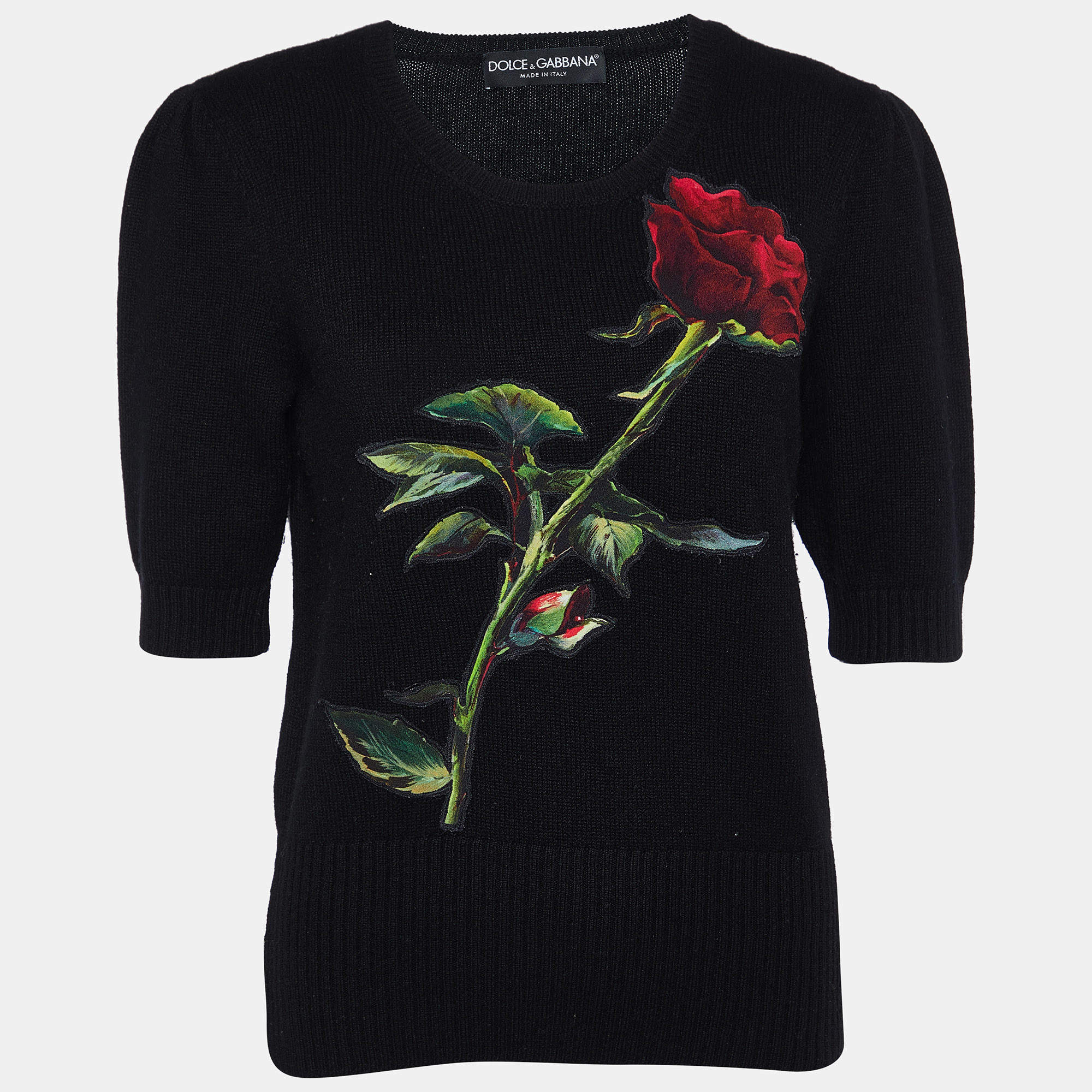 Pre Owned Dolce & Gabbana Black Rose Appliqued Cashmere Sweater M