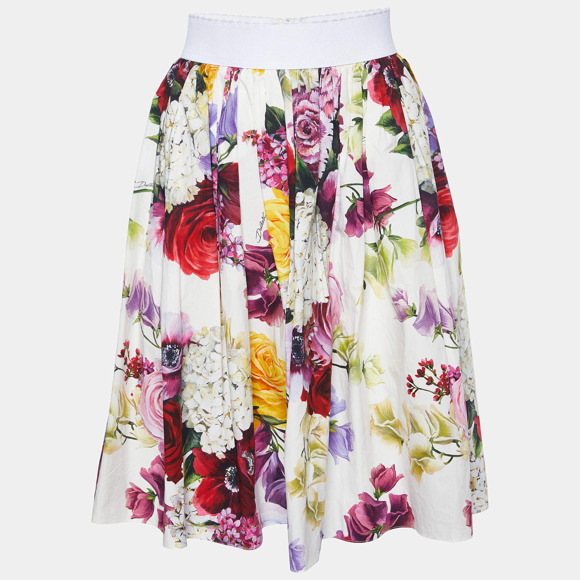 Pre Owned Dolce & Gabbana White Floral Print Cotton Flared Skirt M