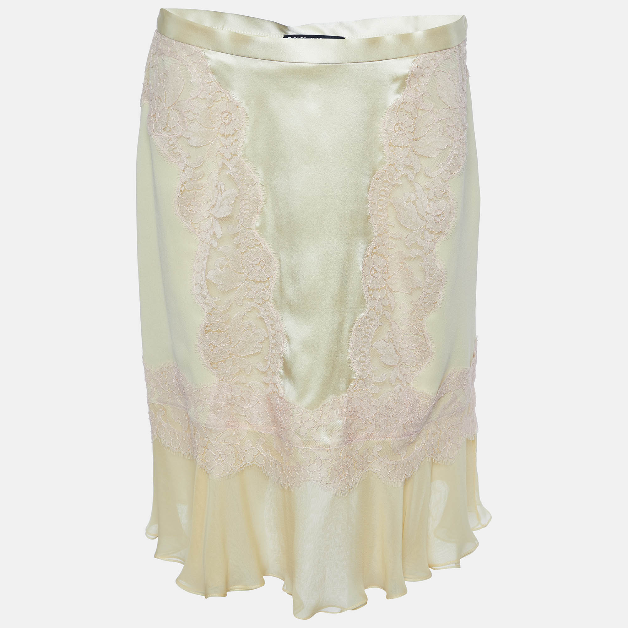 Pre Owned Dolce & Gabbana Yellow Silk Lace Trim Flounced Skirt M