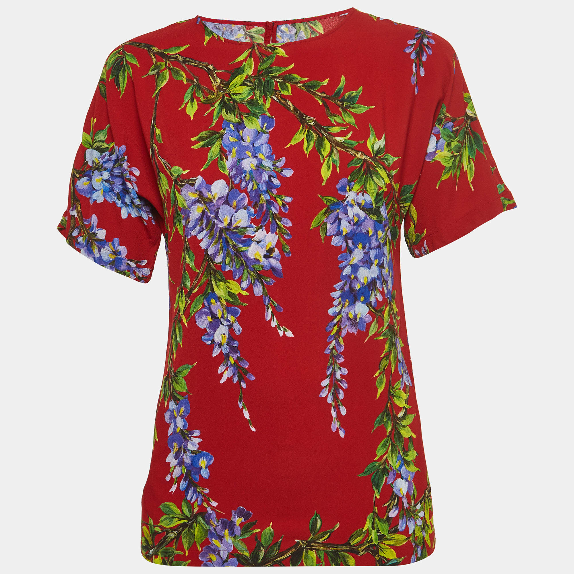 Pre Owned Dolce & Gabbana Red Floral Print Crepe Short Sleeve Blouse S