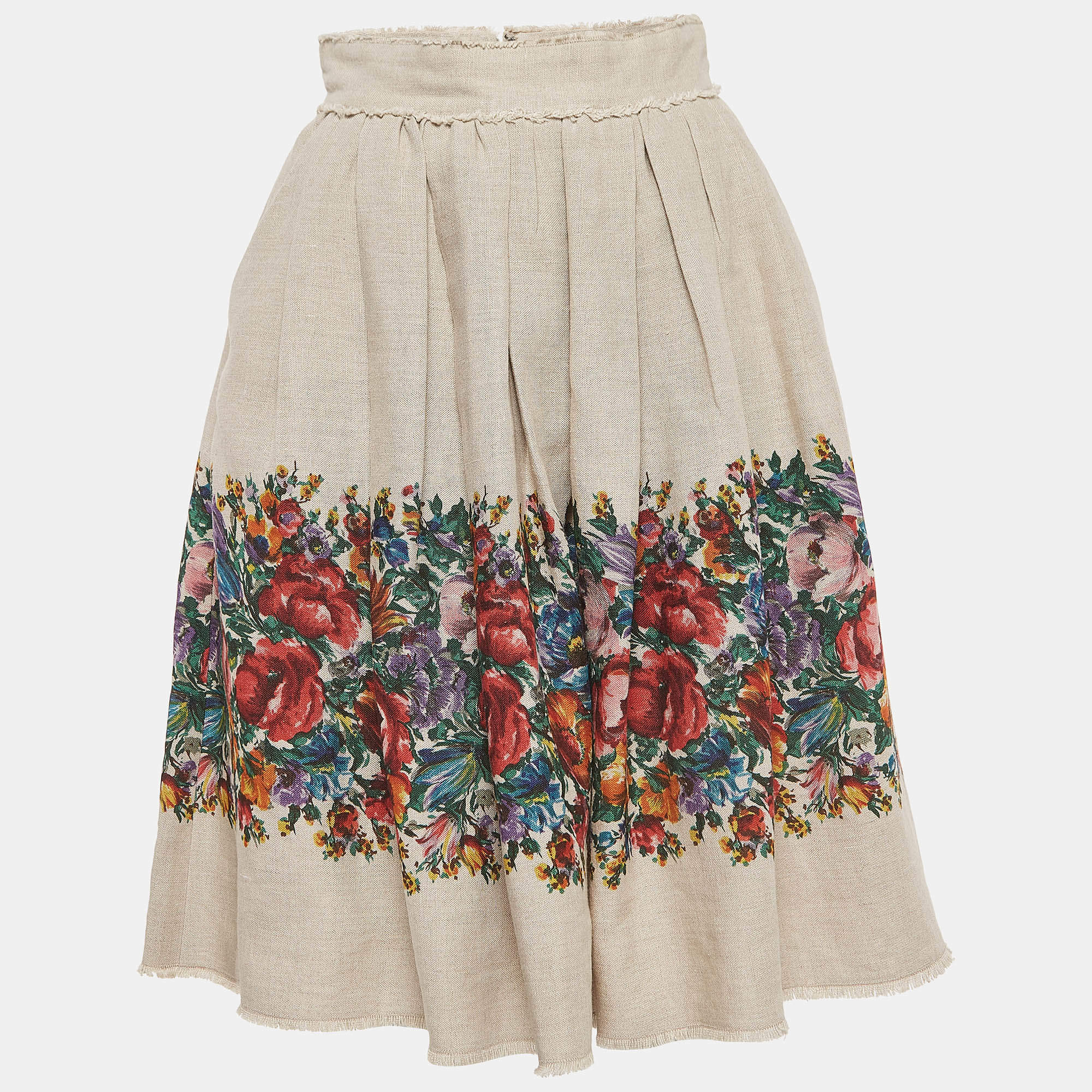 Pre Owned Dolce & Gabbana Brown Floral Print Linen Gathered Midi Skirt S