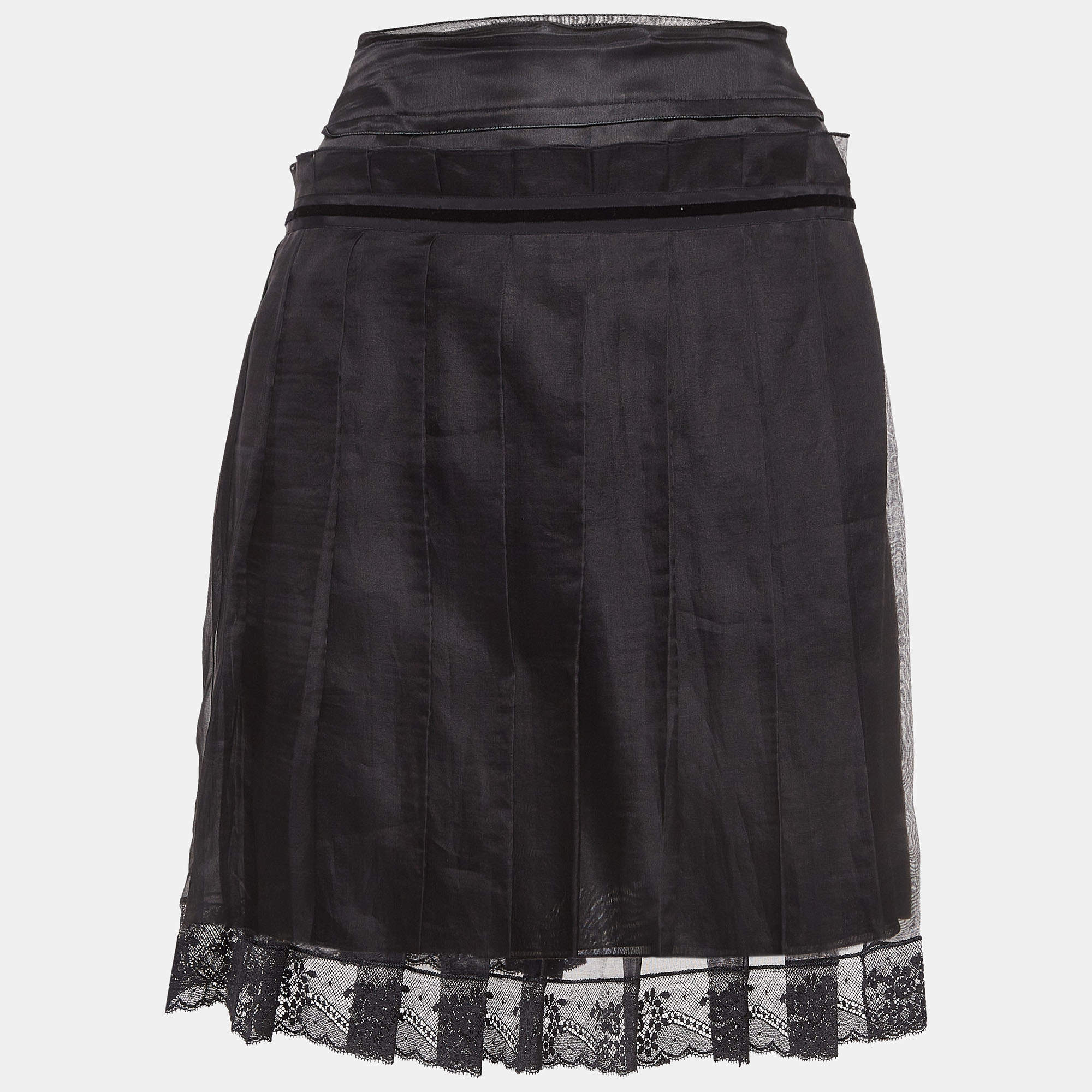 Pre Owned D&G Black Lace and Velvet Trim Silk Pleated Mini Skirt L
