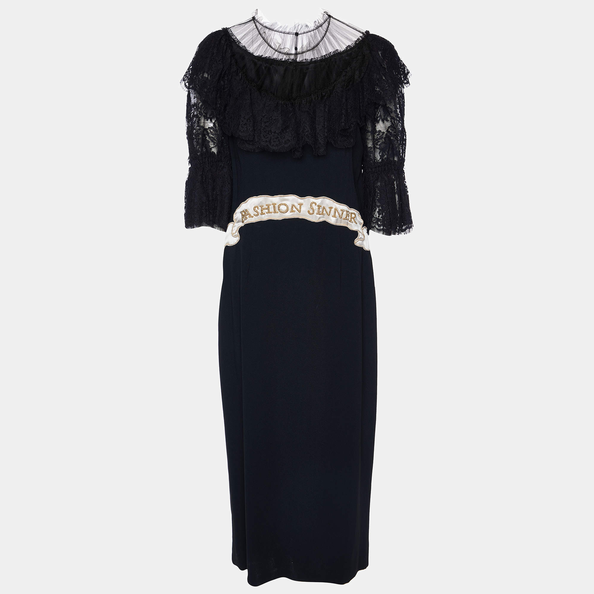 Pre Owned Dolce & Gabbana Black Crepe & Lace Fashion Sinner Embellished Midi Dress L