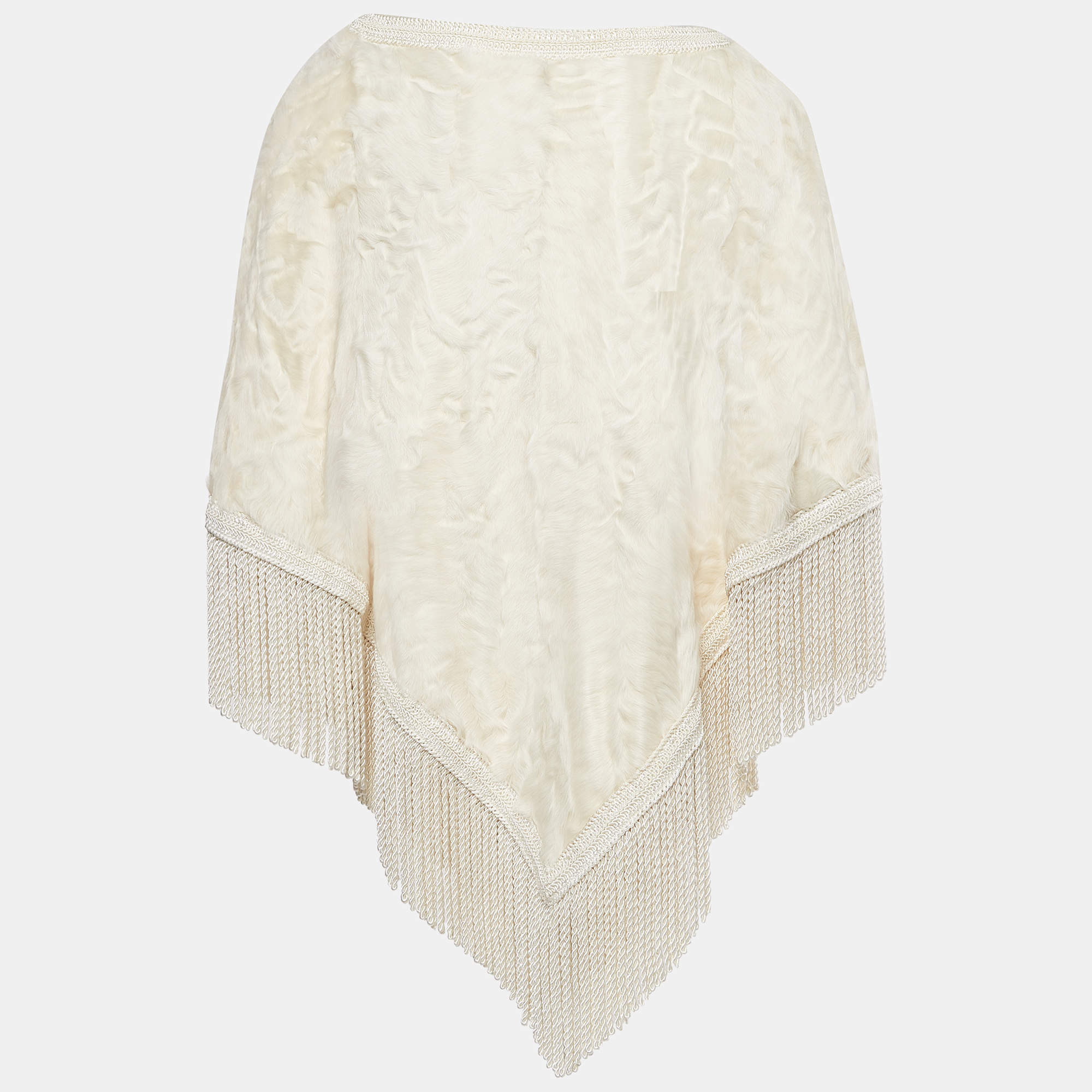 مملوكة مسبقًا Dolce & Gabbana Off White Tassel Trim Shearling Poncho S