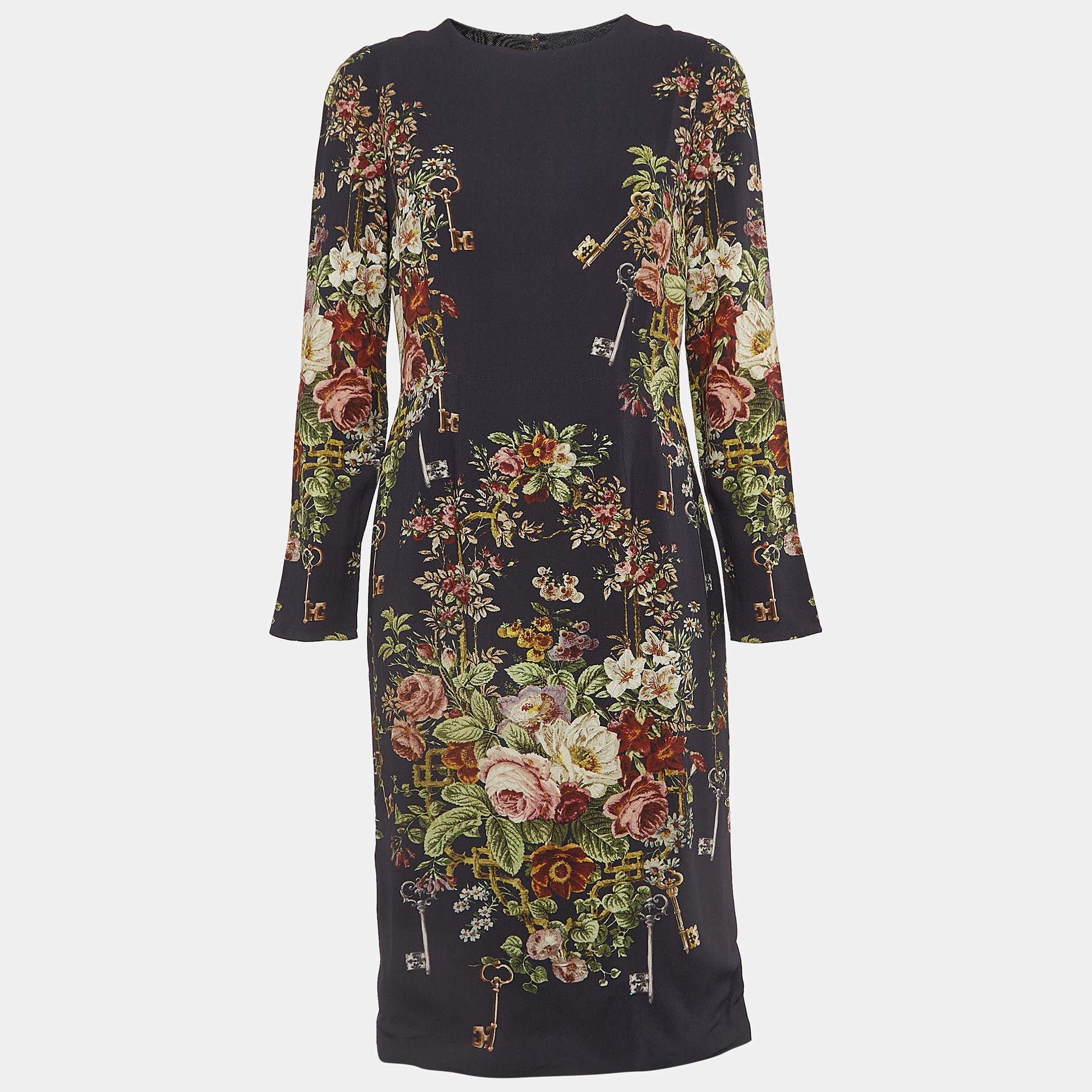 Pre Owned Dolce & Gabbana Navy Blue Floral & Key Print Crepe Midi Dress L