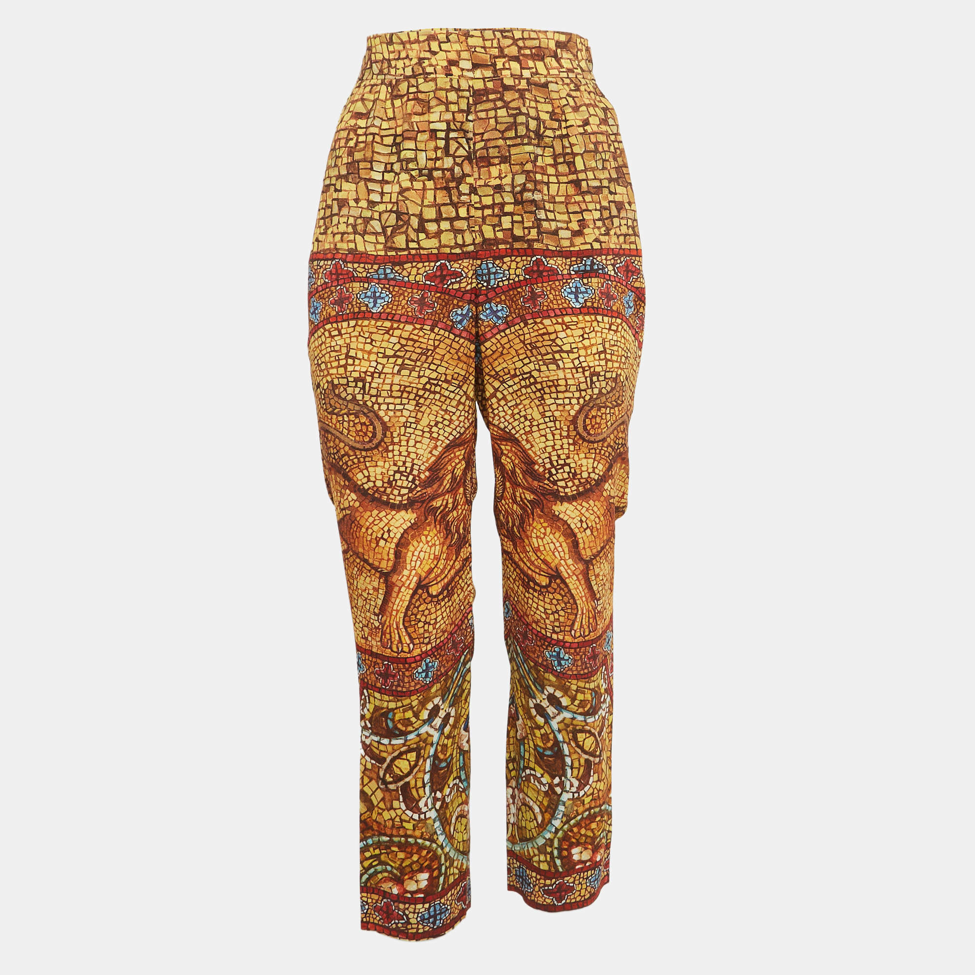 Pre Owned Dolce & Gabbana Yellow Print Crepe Trousers M
