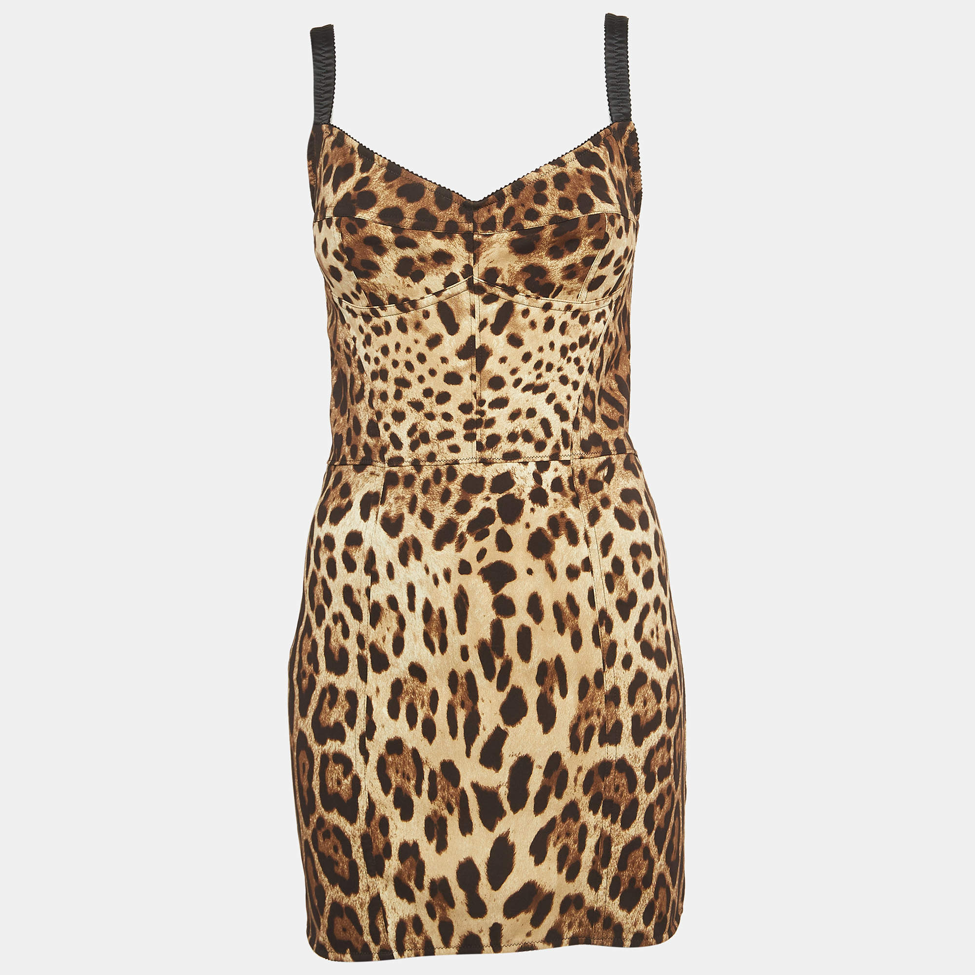 Pre Owned Dolce & Gabbana Brown Leopard Print Silk Blend Corset Strappy Mini Dress M