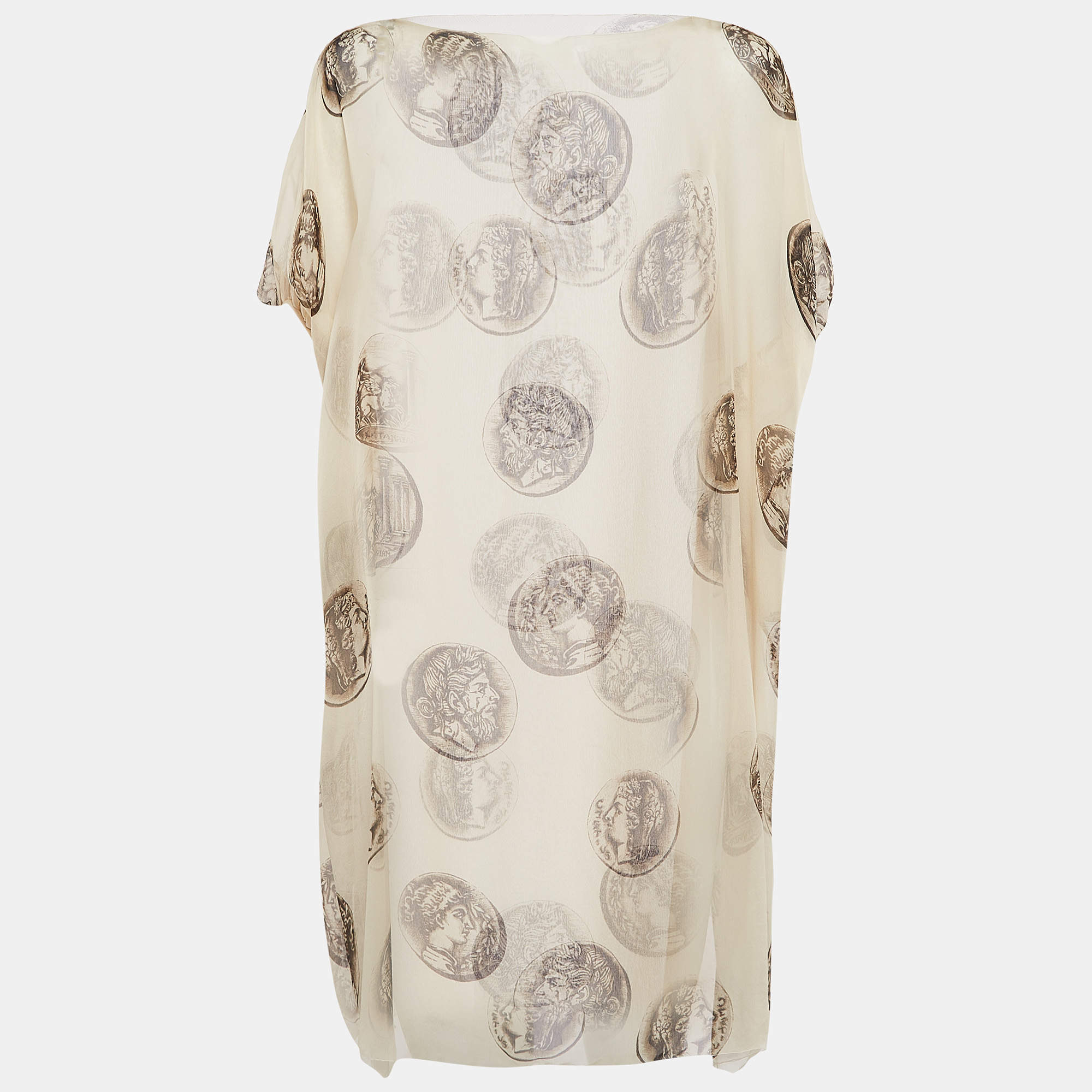 Pre Owned Dolce & Gabbana Cream Coin Print Silk Semi Sheer Kaftan Dress S