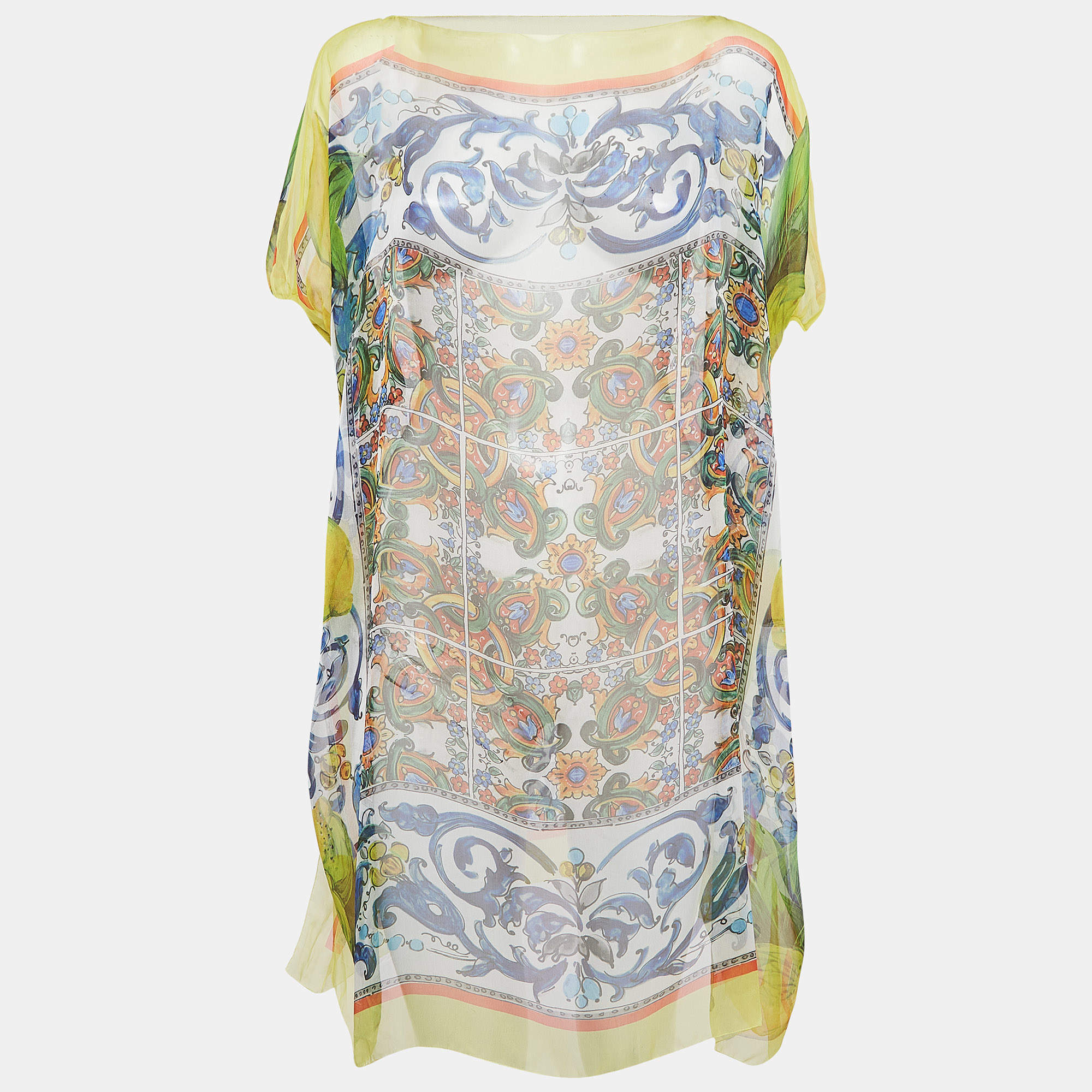 Pre Owned Dolce & Gabbana Multicolor Majolica Print Silk Semi Sheer Cover Up Kaftan Dress S