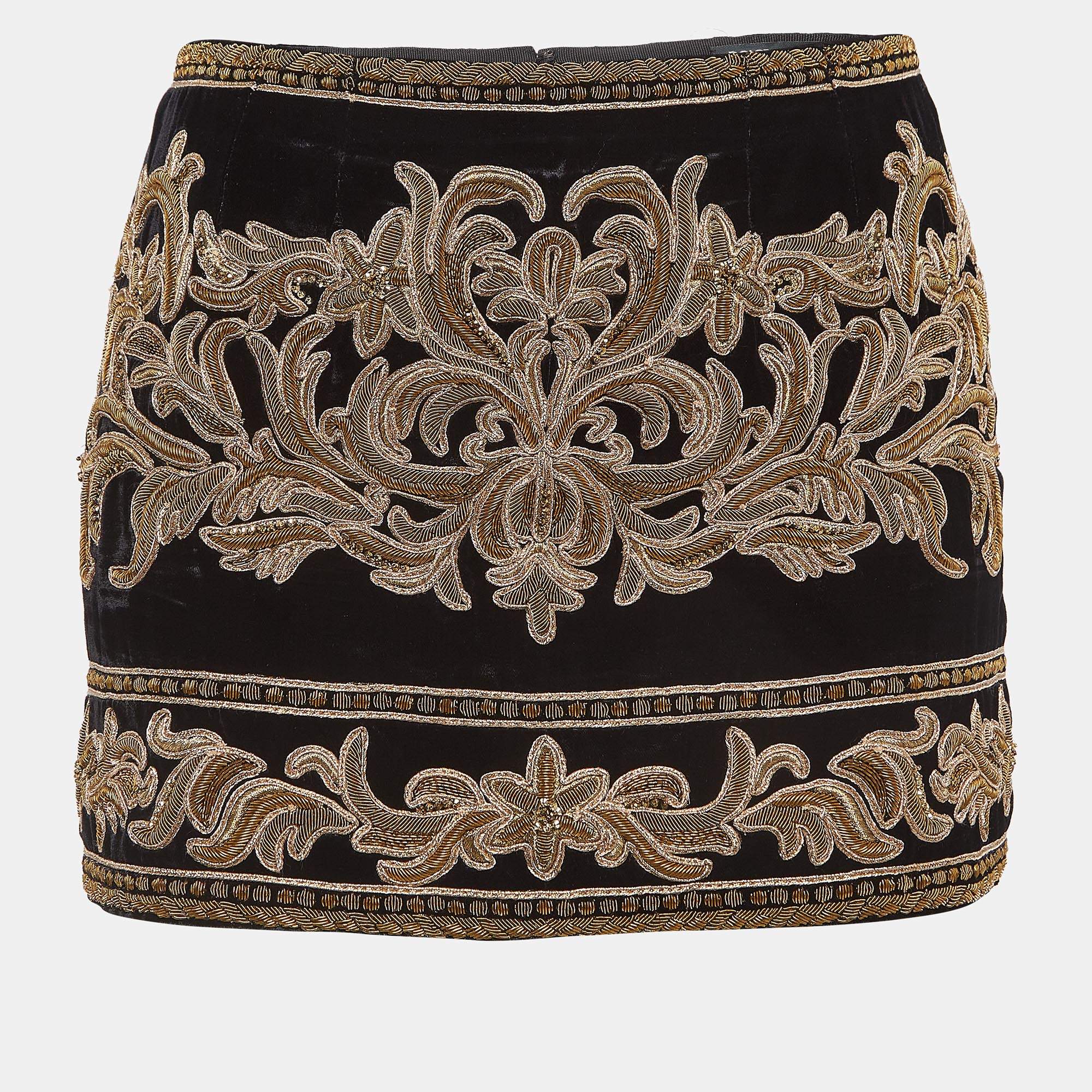 Dolce & Gabbana Black Embroidered Velvet Mini Skirt S