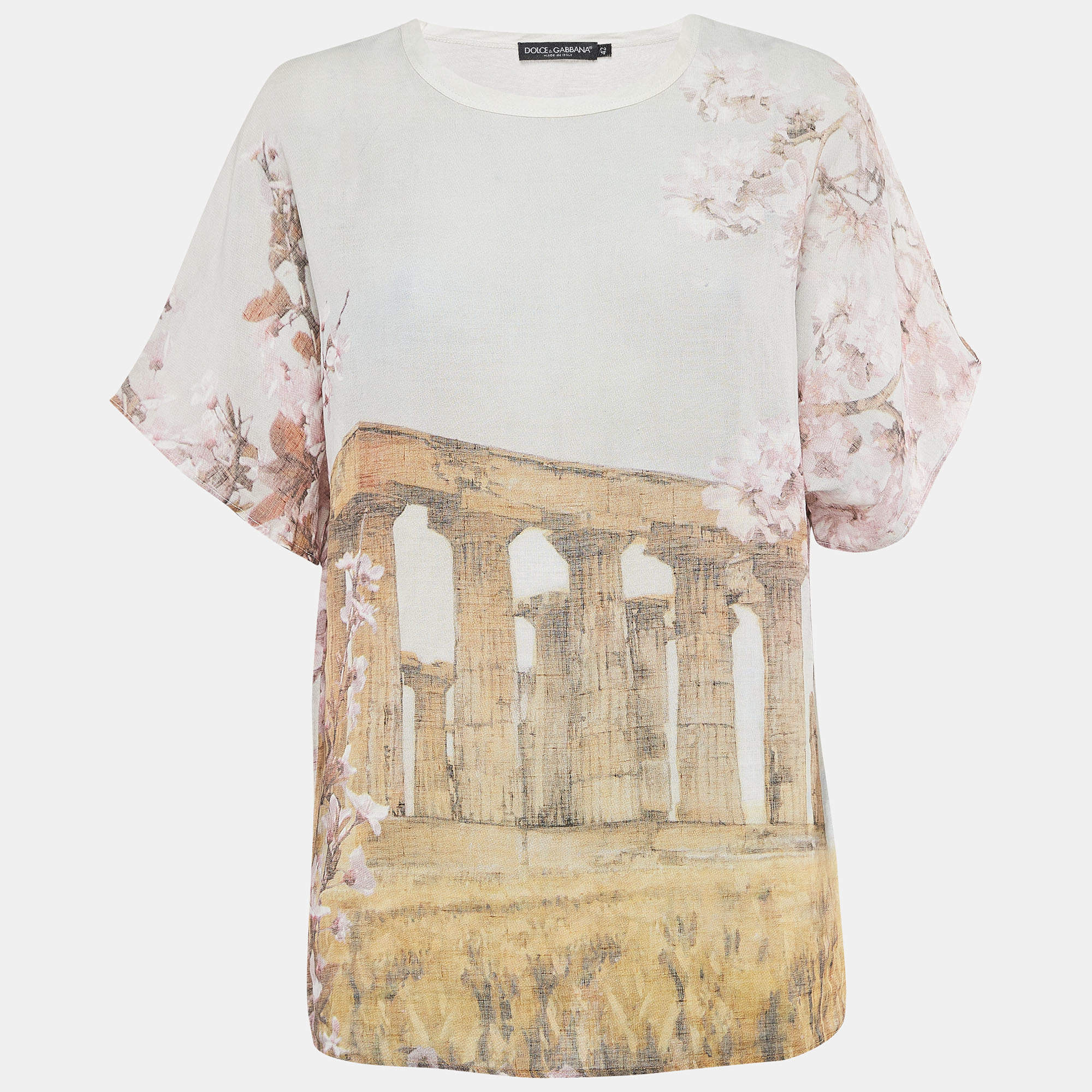 Pre Owned Dolce & Gabbana Floral Print Linen Short Sleeve Top M