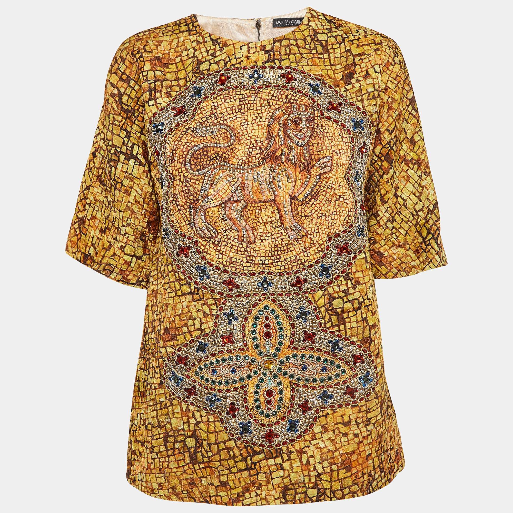 Pre Owned Dolce & Gabbana Yellow Embroidered Mosaic Print Wool Blouse S