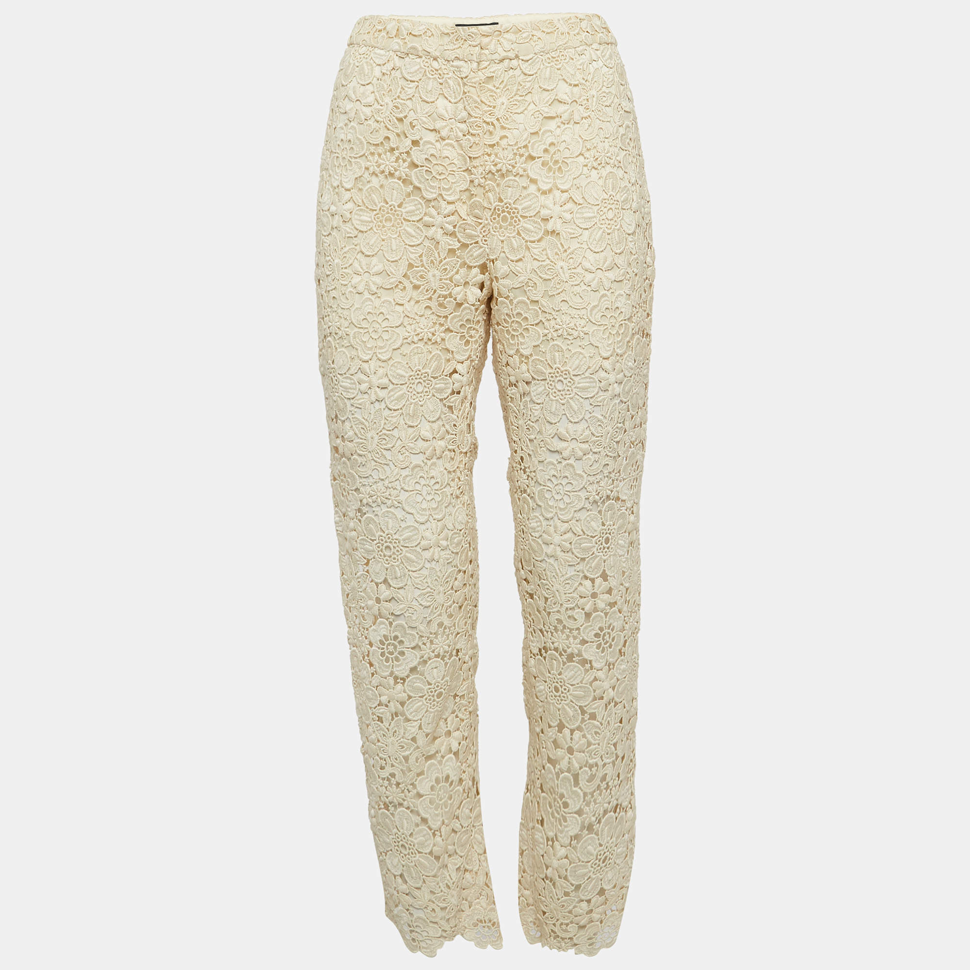 Pre Owned Dolce & Gabbana Cream Floral Lace Trousers M