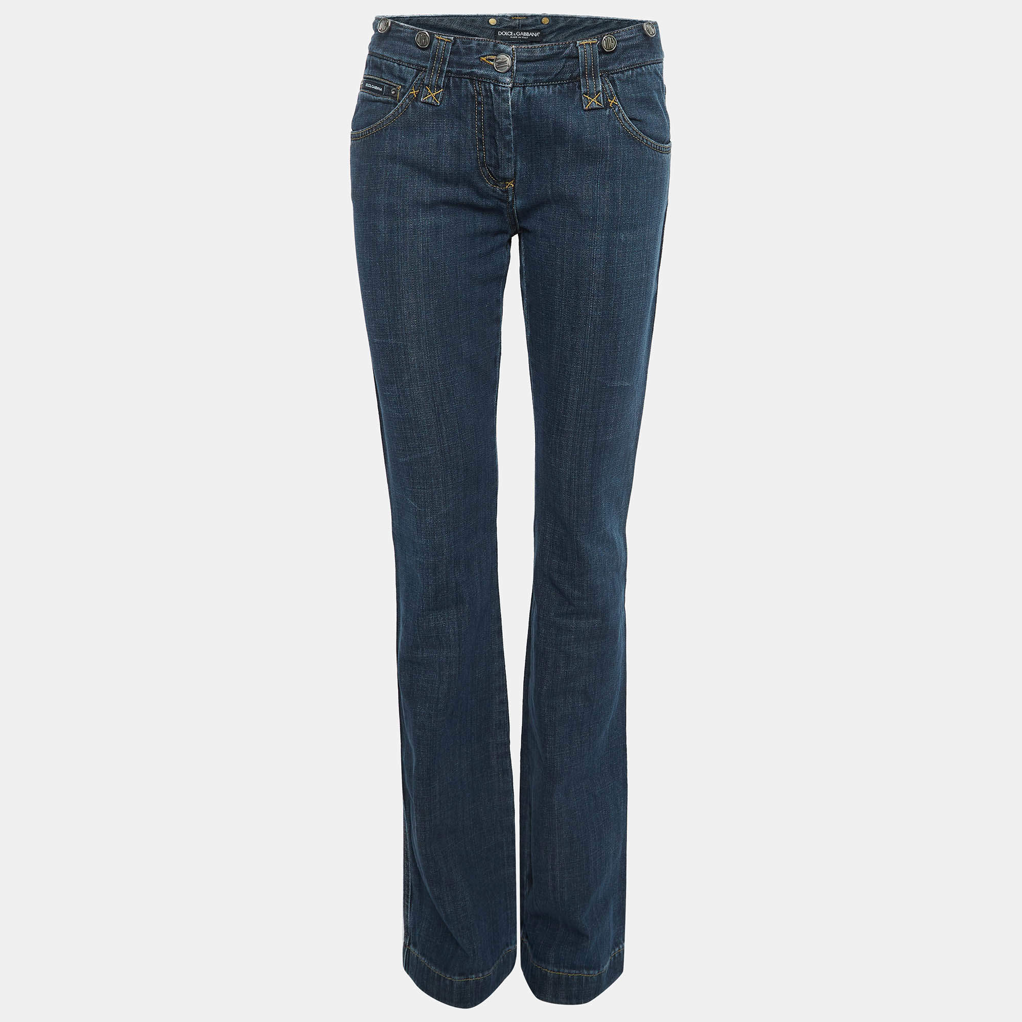 Pre Owned Dolce & Gabbana Blue Logo Leather Trim Denim Straight Leg Jeans M Waist 30''