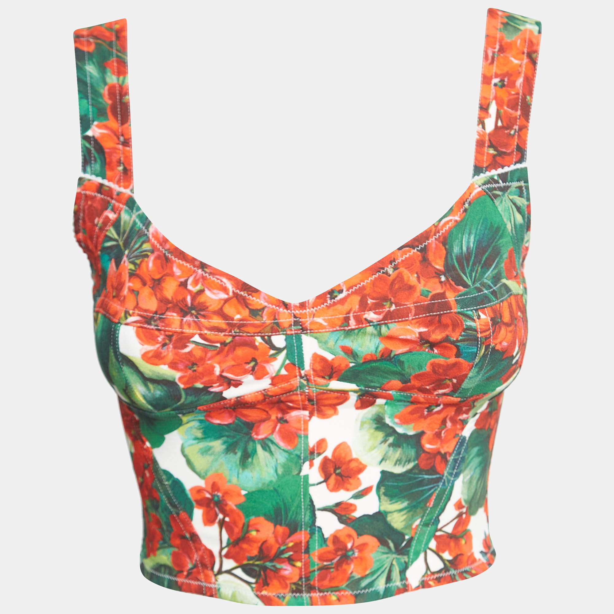Pre Owned Dolce & Gabbana Red Floral Print Crepe Sleeveless Corset Crop Top XS