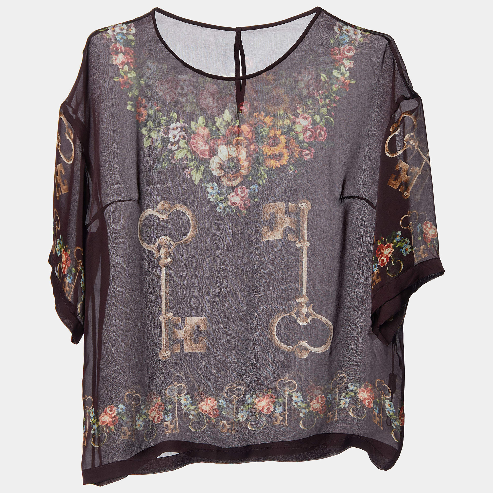 Pre Owned Dolce & Gabbana Deep Maroon Floral Key Print Silk Sheer Blouse S