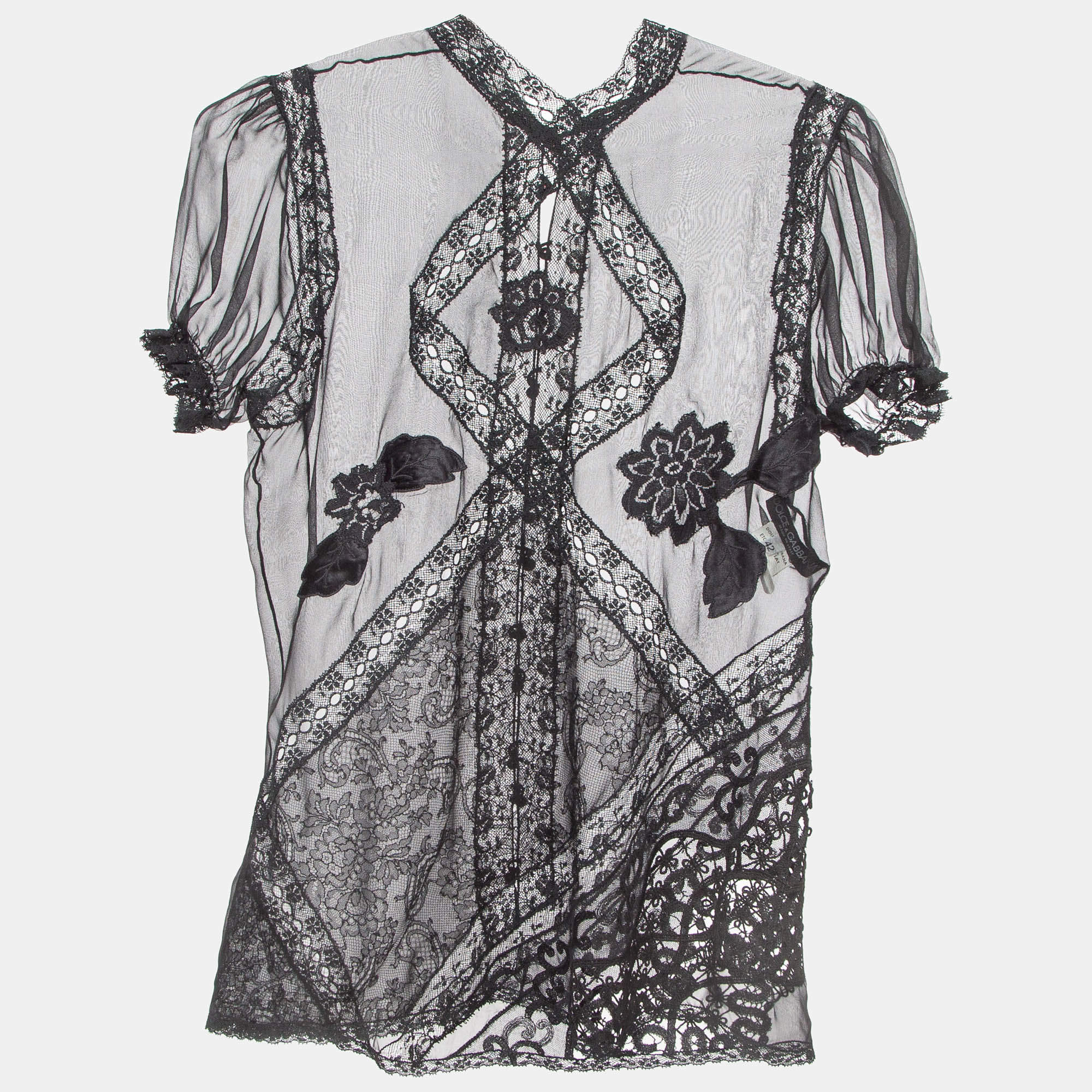 Pre Owned Dolce & Gabbana Black Lace Trim Silk Applique Detail Sheer Top M