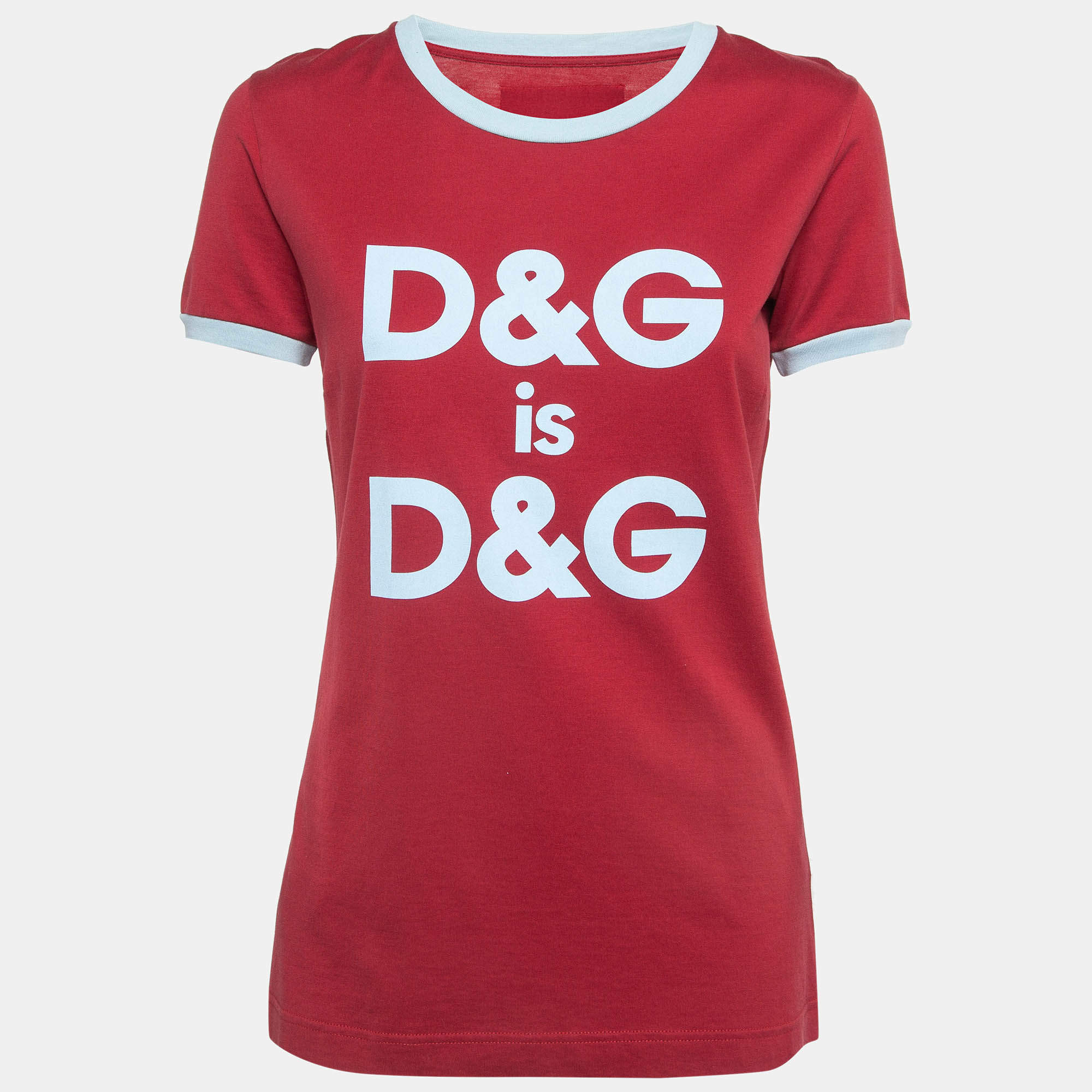 Pre Owned Dolce & Gabbana Red Logo Printed Cotton Contrast Detail T-Shirt S