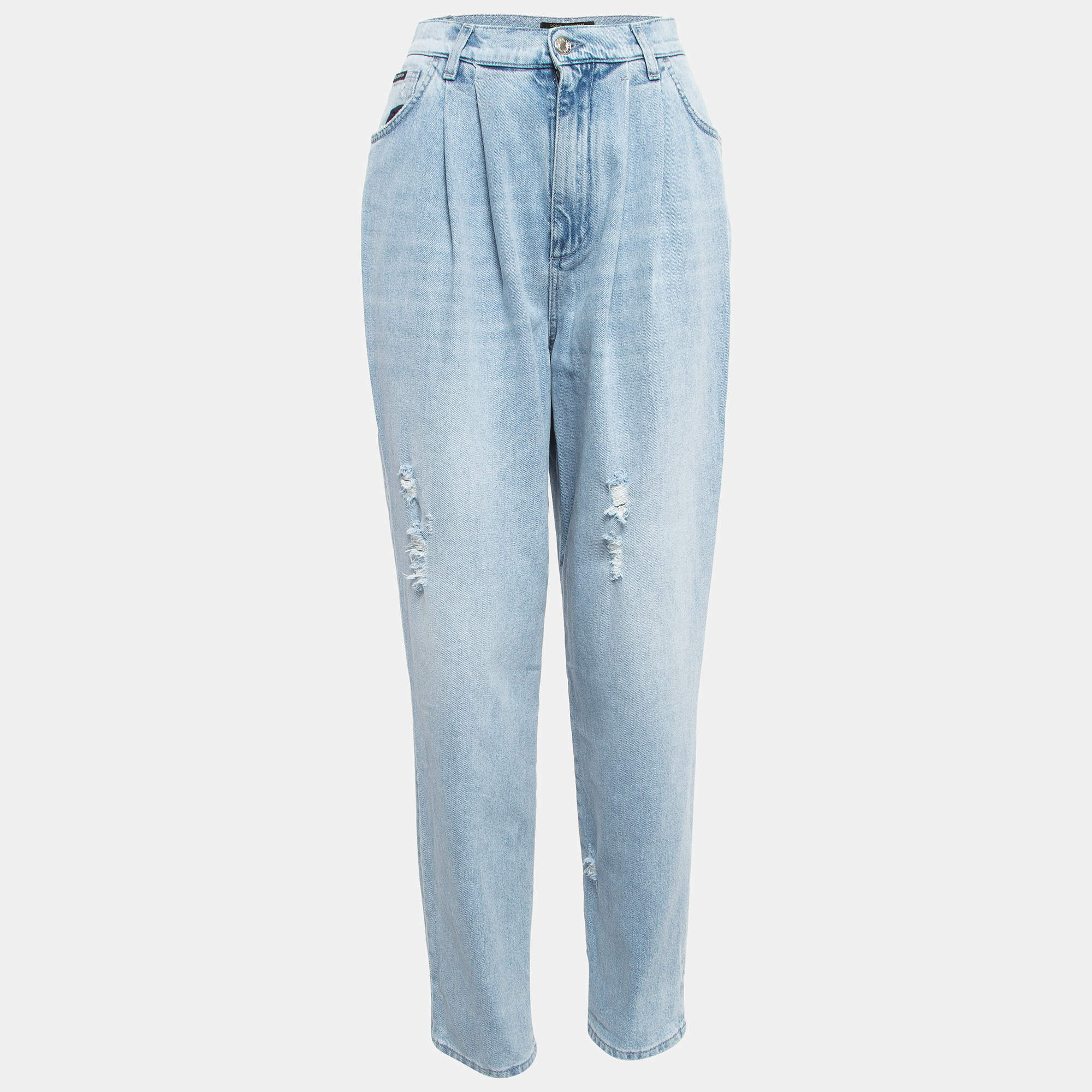Pre Owned Dolce & Gabbana Light Blue Ripped Denim Pleated Jeans M Waist 28"