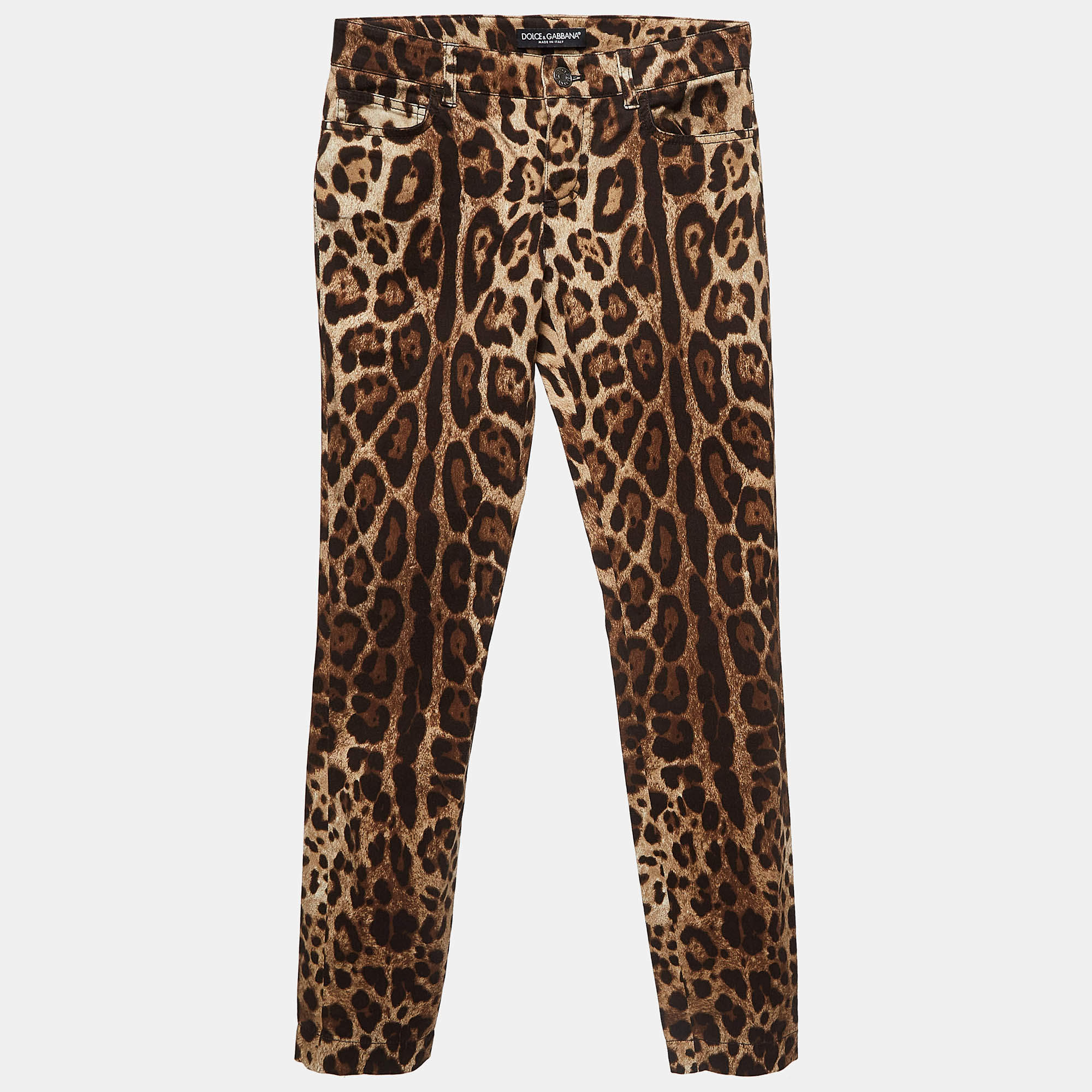 Pre Owned Dolce & Gabbana Brown Leopard Print Cotton Skinny Trousers XS