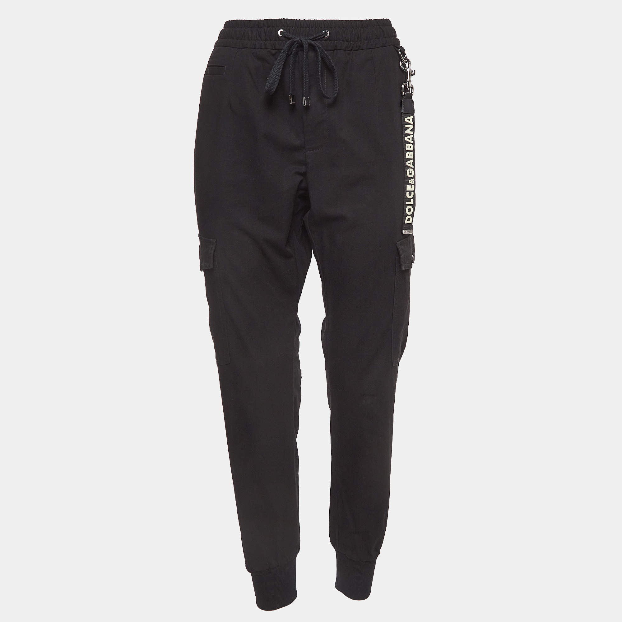 Pre Owned Dolce & Gabbana Black Cotton Cargo Drawstring Jog Pants L