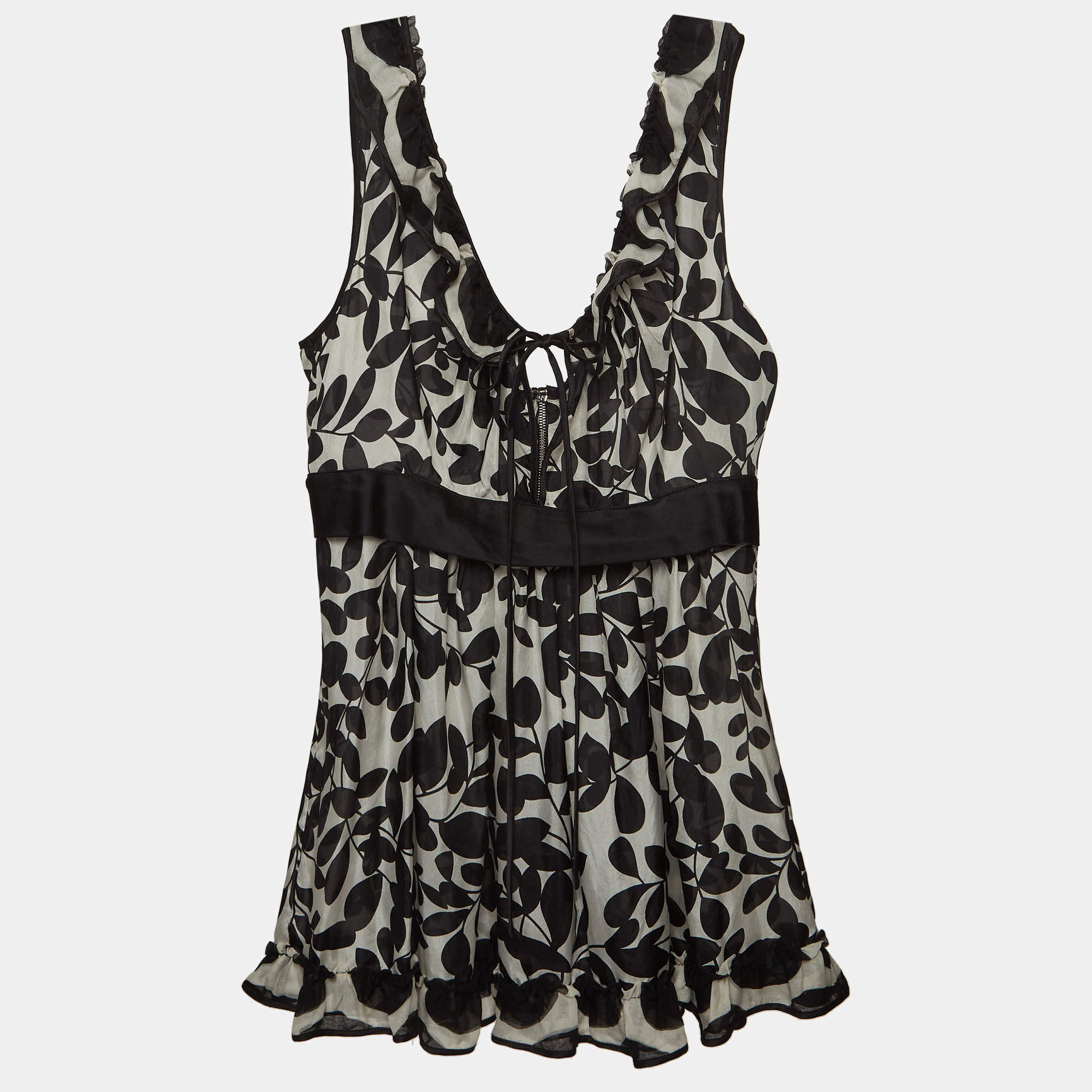 Pre Owned Dolce & Gabbana Monochrome Leaf Print Silk Ruffled Top M