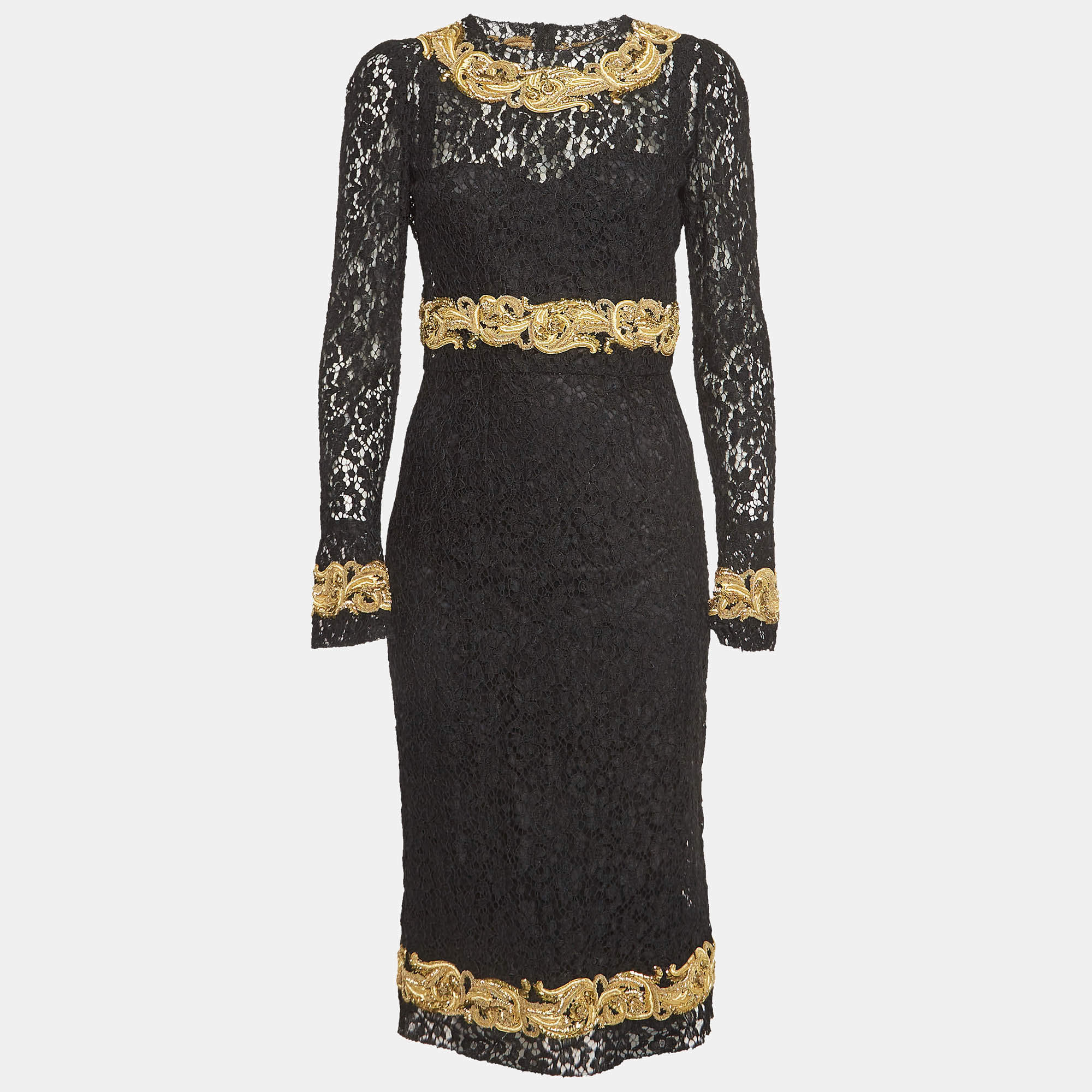 Pre Owned Dolce & Gabbana Black Baroque Goldwork Lace Long Sleeve Midi Dress M