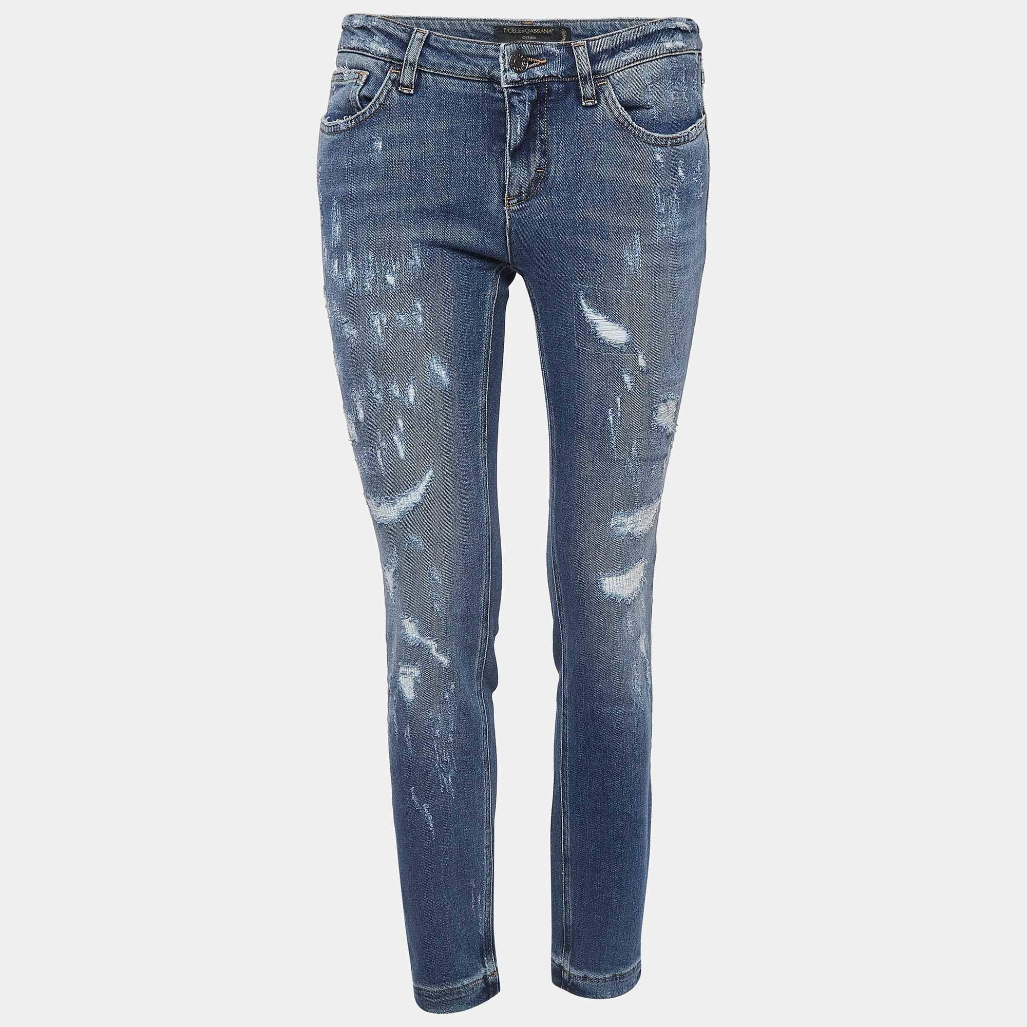Pre Owned Dolce & Gabbana Blue Distressed Denim Pretty Jeans S Waist 28
